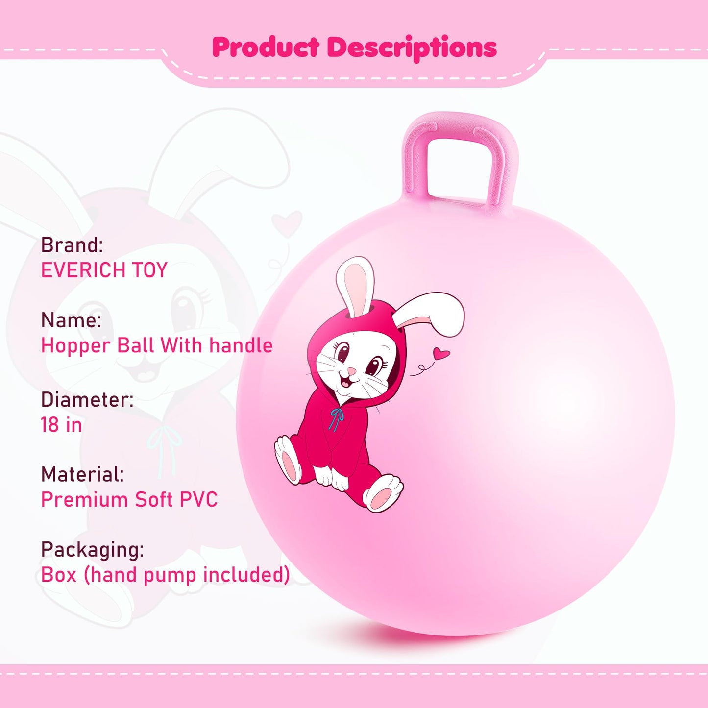 EVERICH TOY Hopper Ball – Pink Bunny 18 Inch Hoppity Hop with Handle for Indoor & Outdoor Play