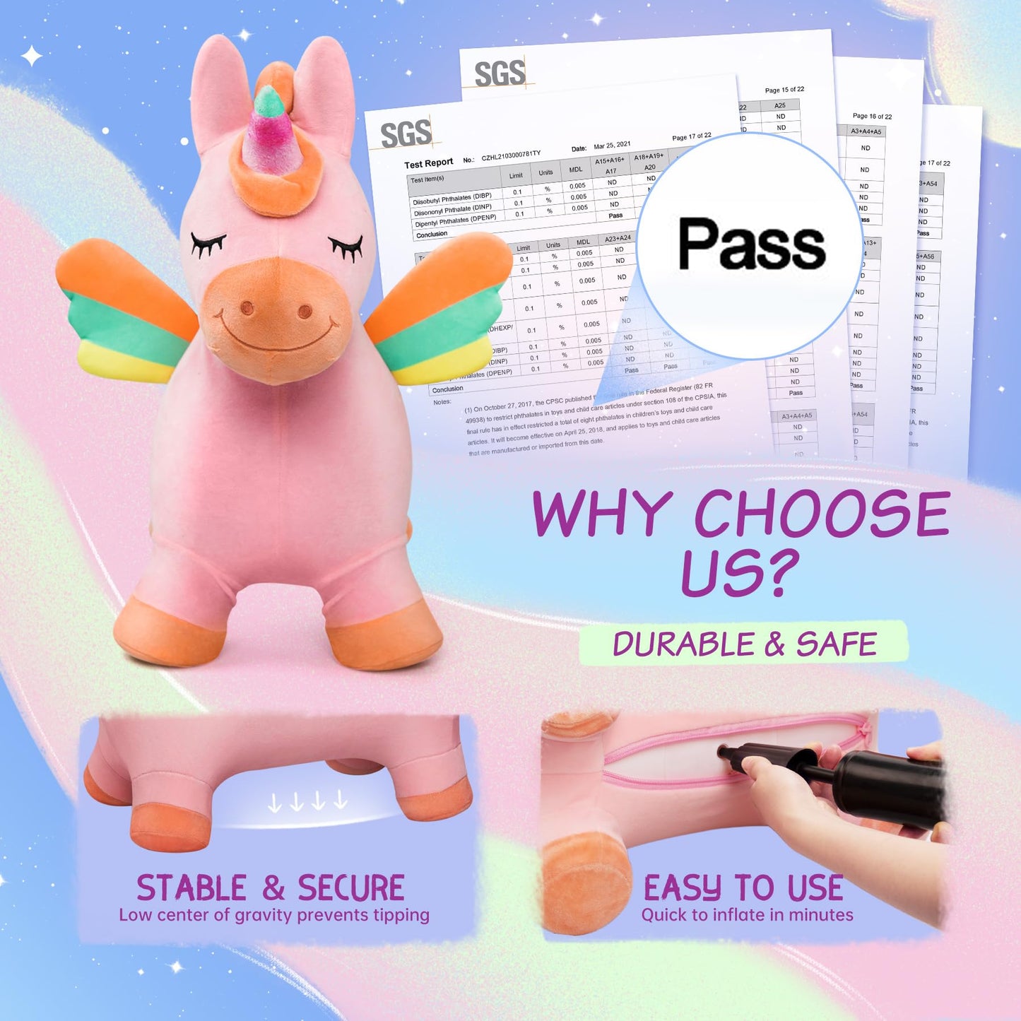 EVERICH TOY Bouncy Horse Unicorn – Inflatable Ride-On Toy for Kids 18 Months to 6 Years