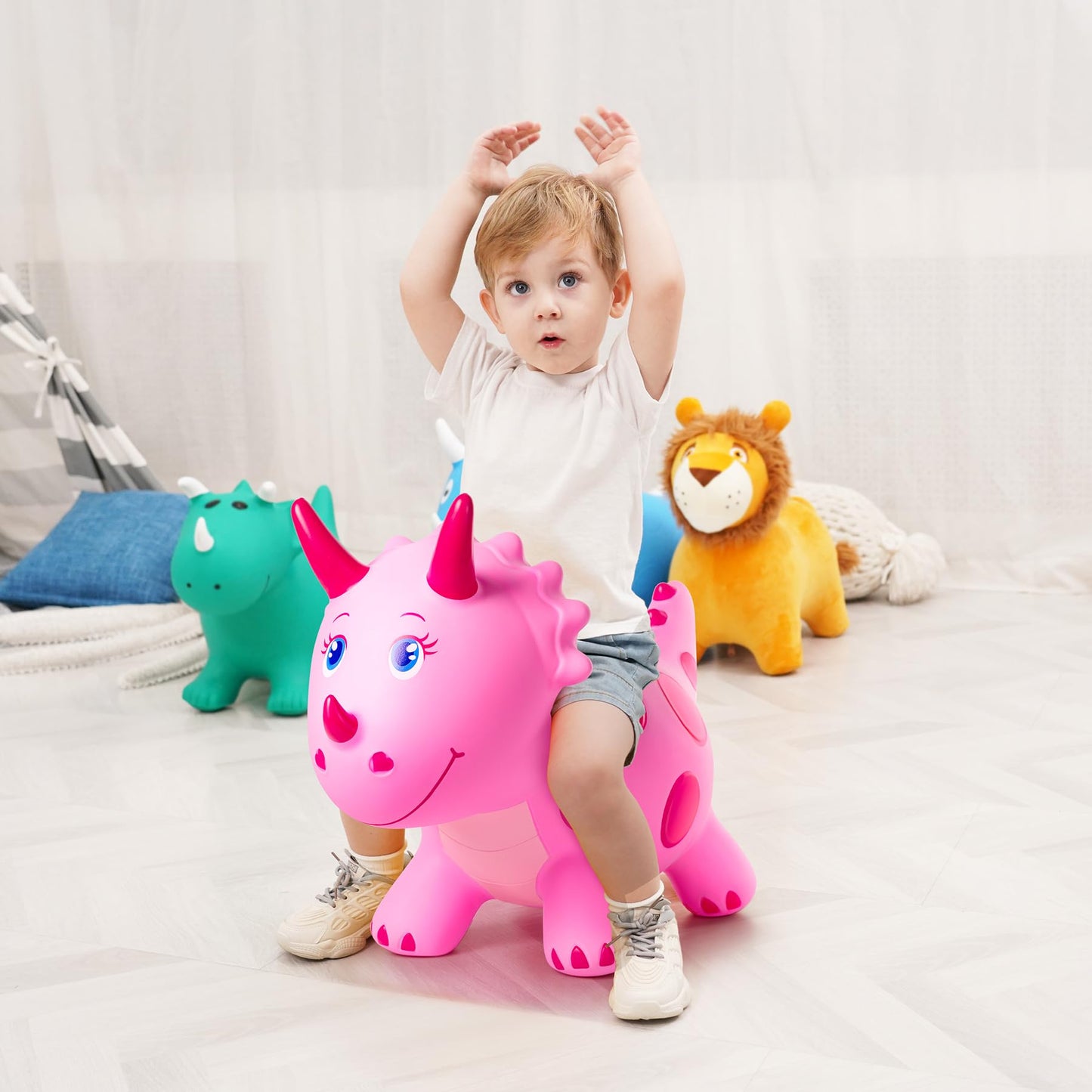 EVERICH TOY Dinosaur Bouncy Ride-On — Pink Triceratops for Kids 18 Months–6 Years