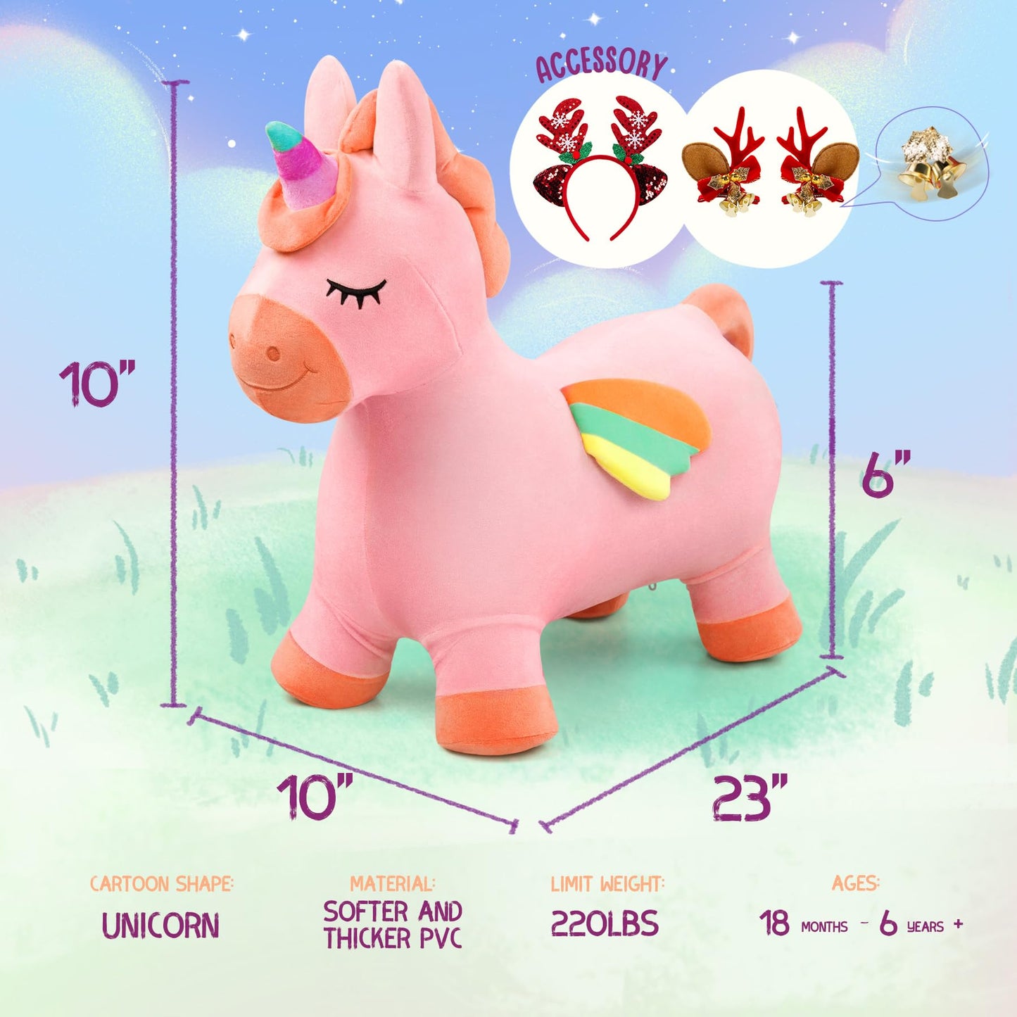 EVERICH TOY Bouncy Horse Unicorn – Inflatable Ride-On Toy for Kids 18 Months to 6 Years