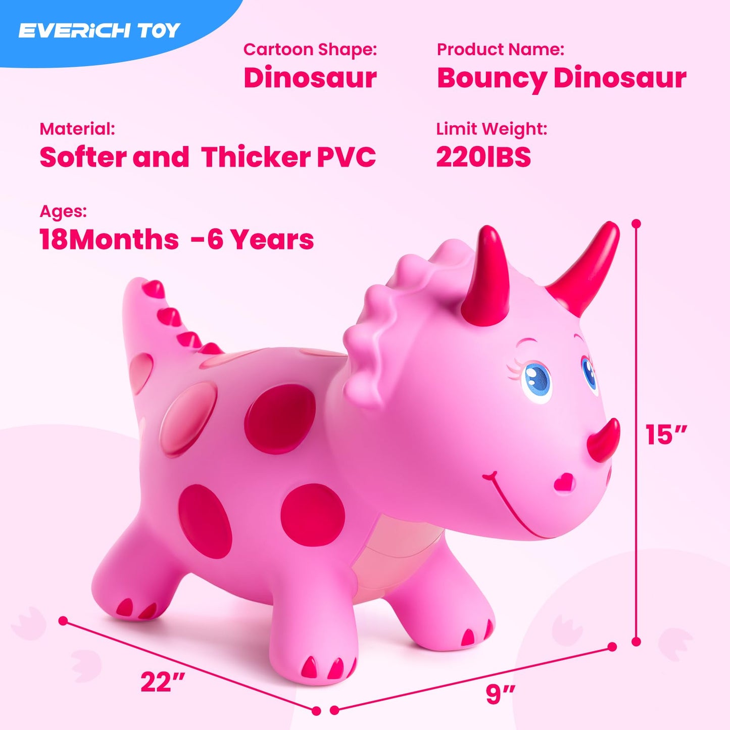 EVERICH TOY Dinosaur Bouncy Ride-On — Pink Triceratops for Kids 18 Months–6 Years