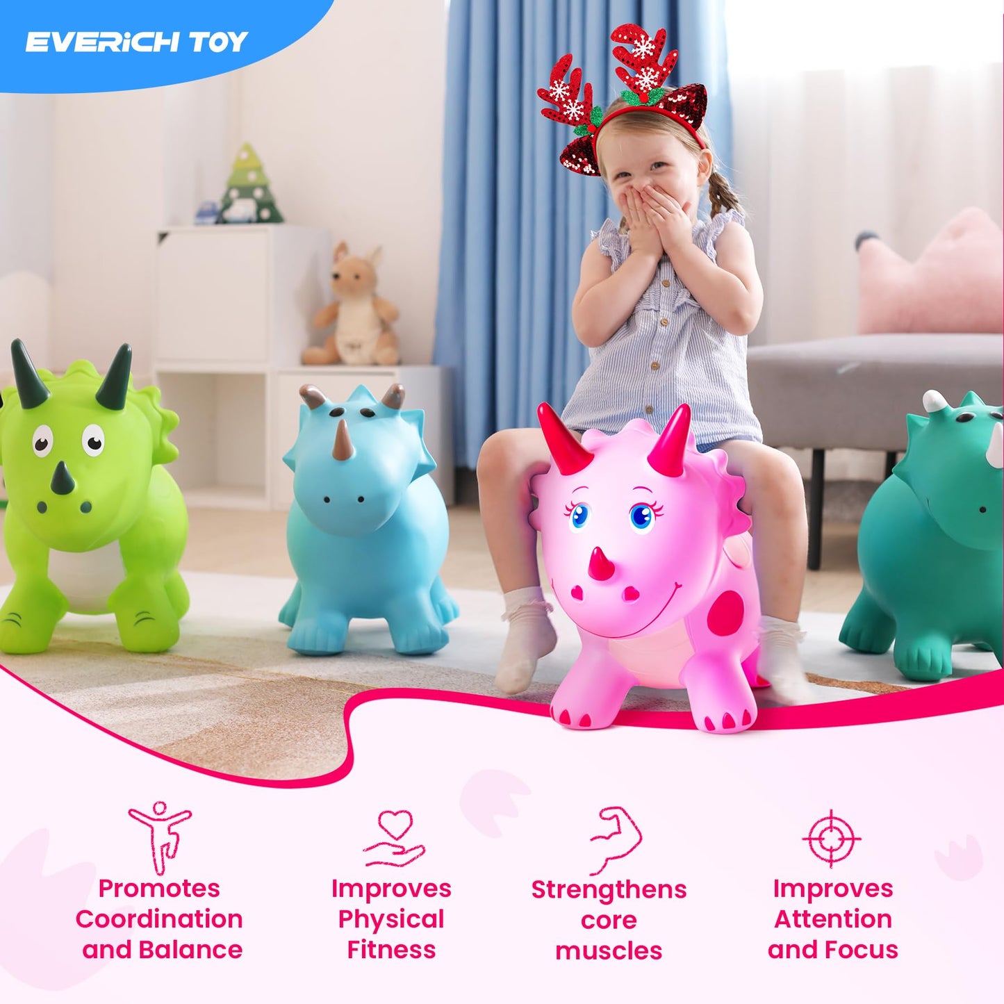 EVERICH TOY Dinosaur Bouncy Ride-On — Pink Triceratops for Kids 18 Months–6 Years