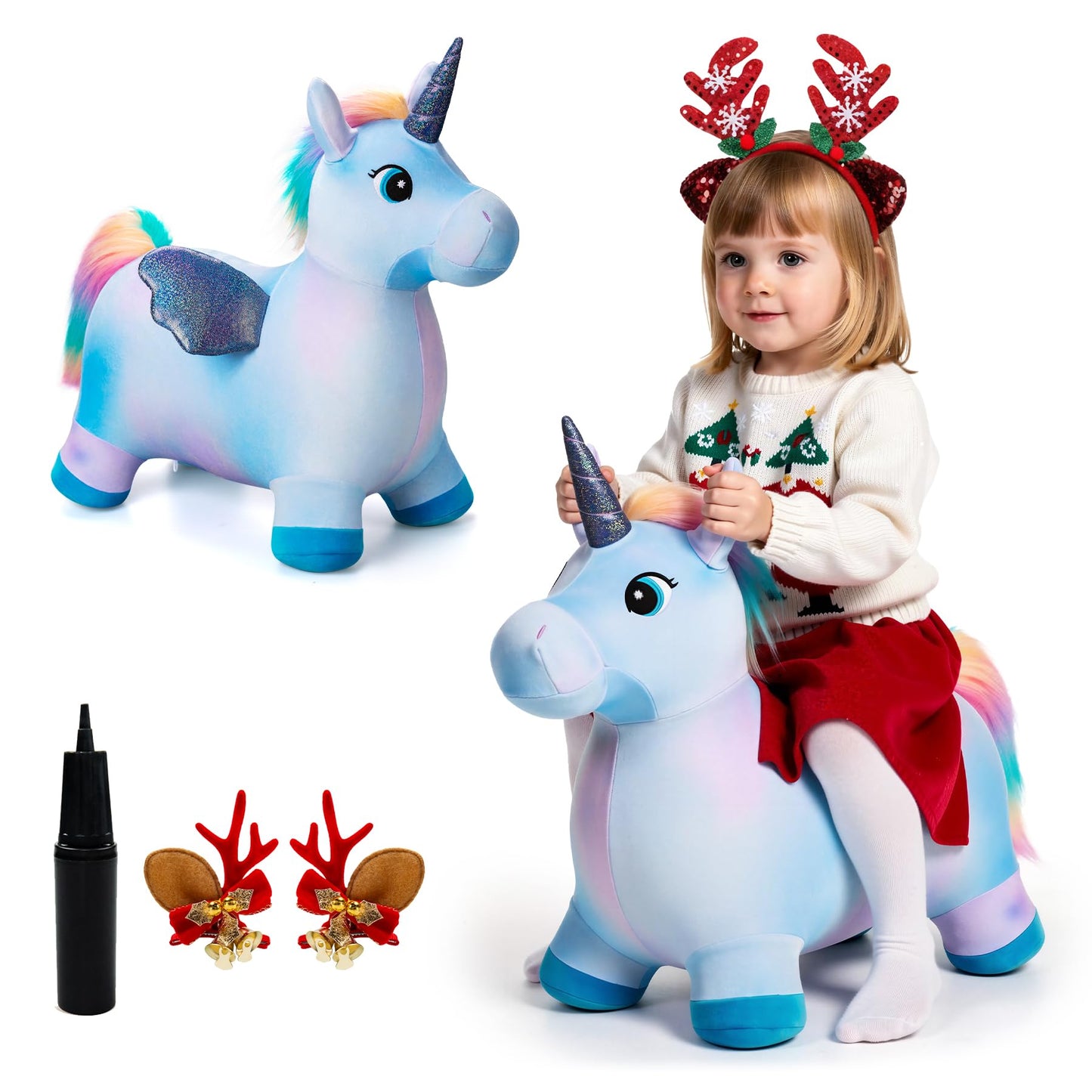 EVERICH TOY Unicorn Bouncy Horse Inflatable Plush Hopper | Indoor & Outdoor Toy + Free Christmas Accessories