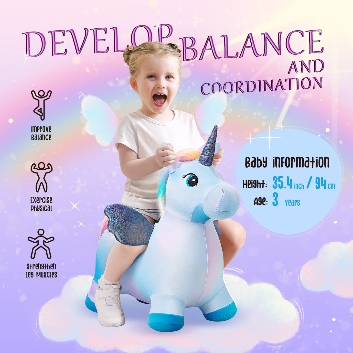 EVERICH TOY Unicorn Bouncy Horse Inflatable Plush Hopper | Indoor & Outdoor Toy + Free Christmas Accessories