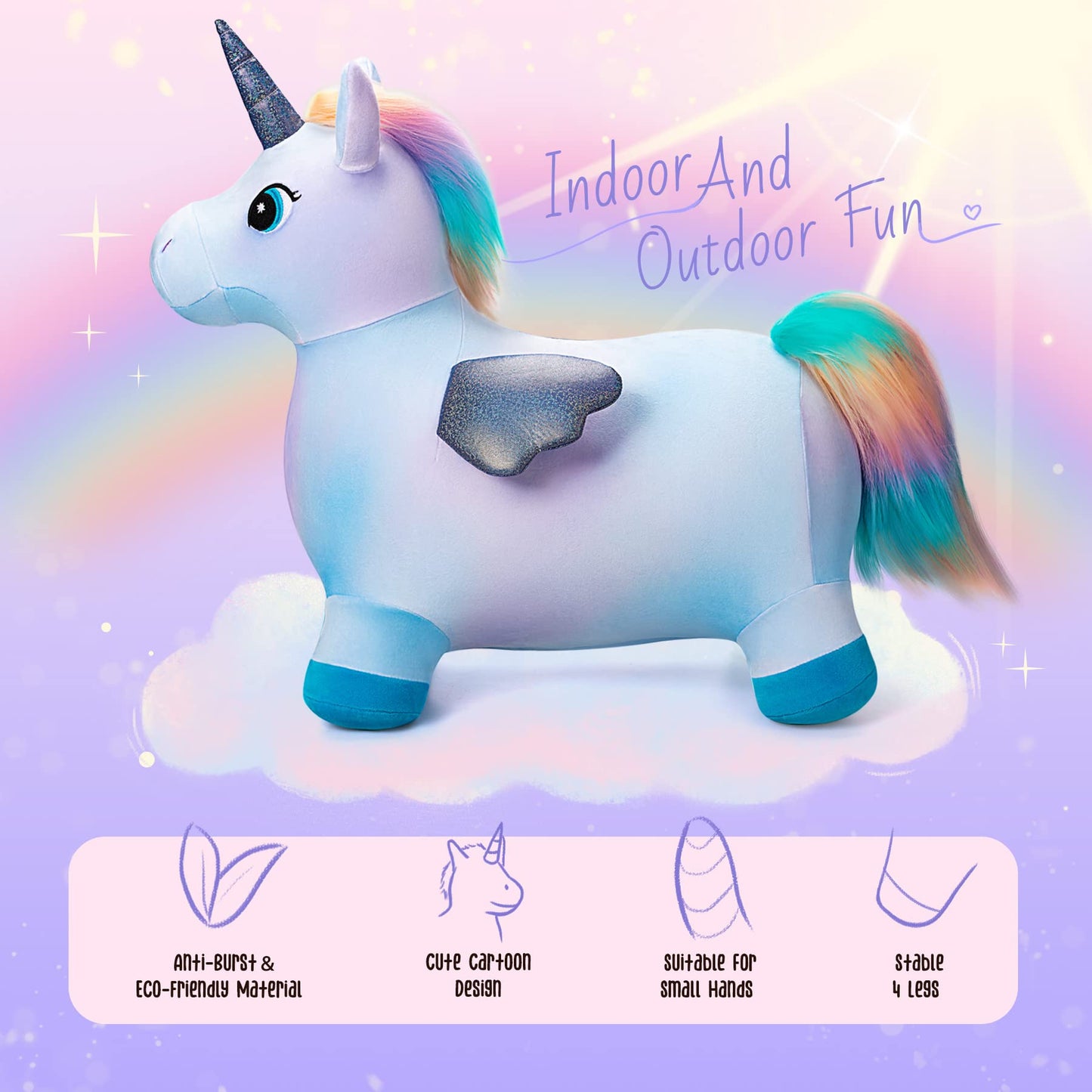 EVERICH TOY Unicorn Bouncy Horse Inflatable Plush Hopper | Indoor & Outdoor Toy + Free Christmas Accessories