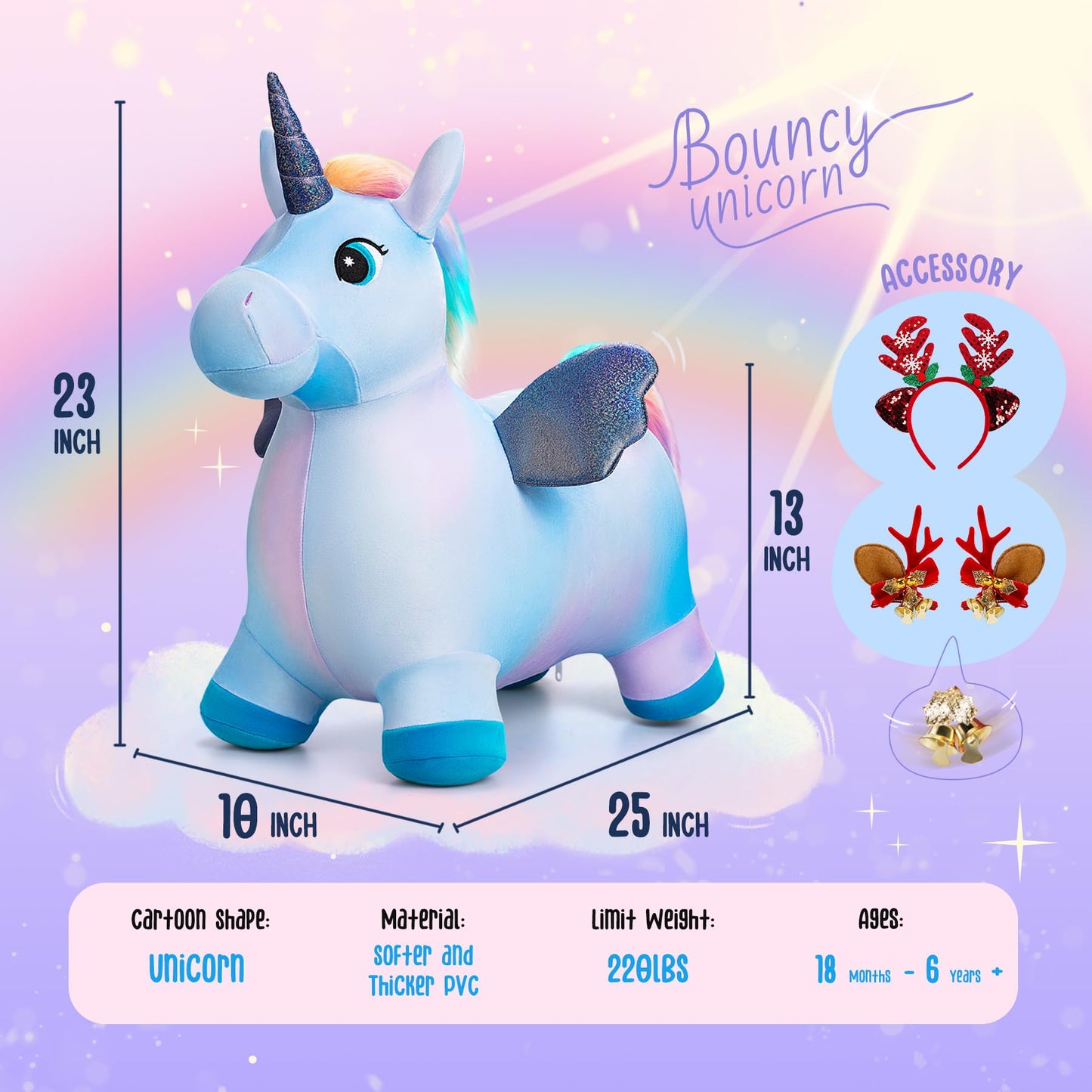 EVERICH TOY Unicorn Bouncy Horse Inflatable Plush Hopper | Indoor & Outdoor Toy + Free Christmas Accessories