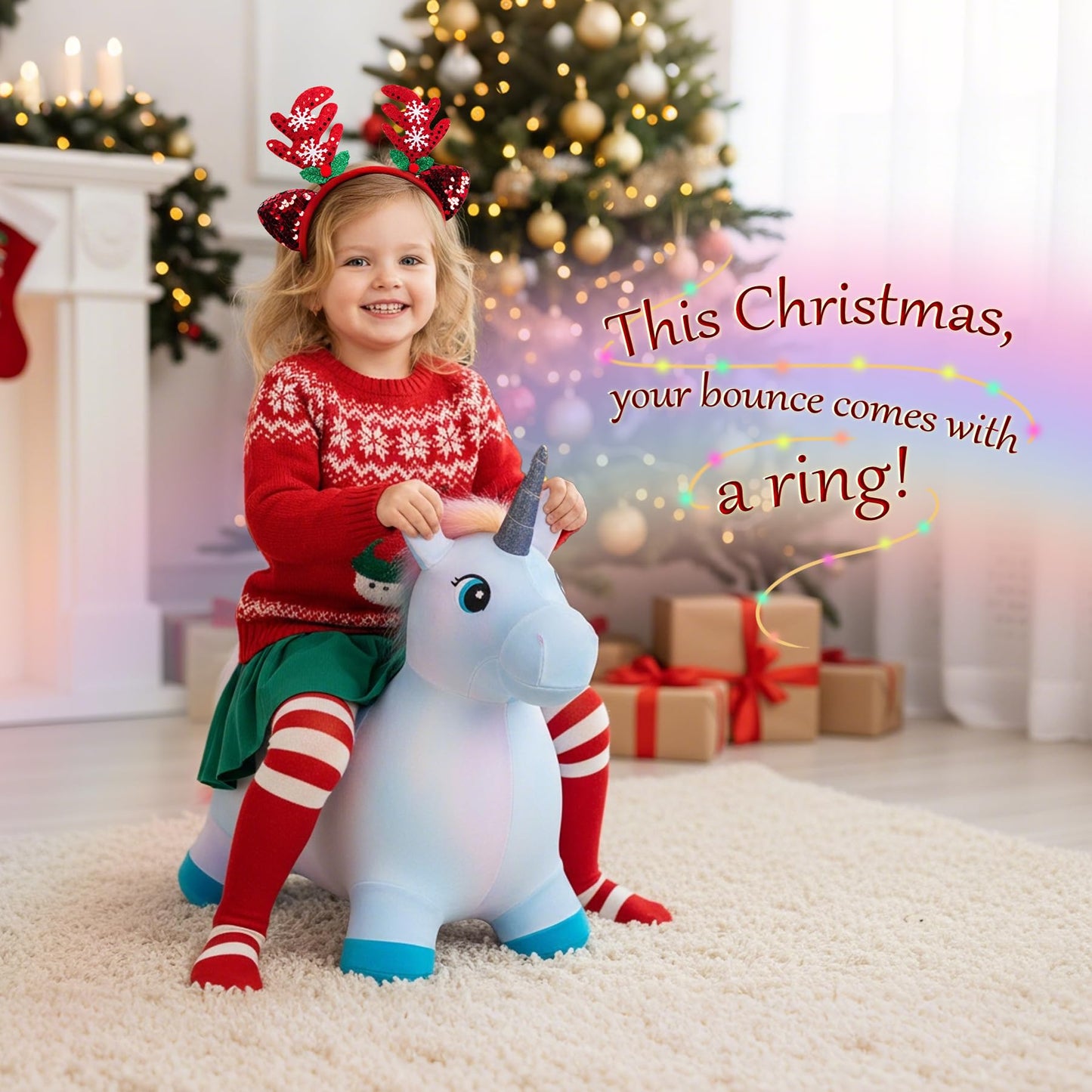 EVERICH TOY Unicorn Bouncy Horse Inflatable Plush Hopper | Indoor & Outdoor Toy + Free Christmas Accessories