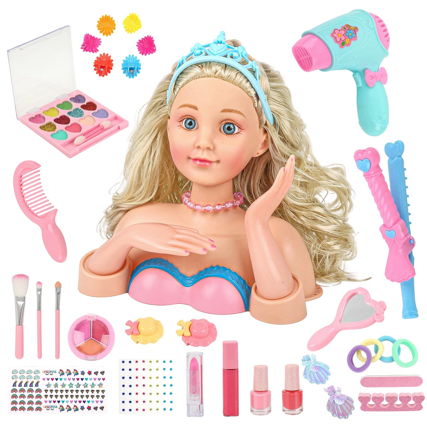 Everideals Hair Styling Doll Head Kit - Pretend Play Salon Set with Hair Tools & Accessories for Kids 3-8+