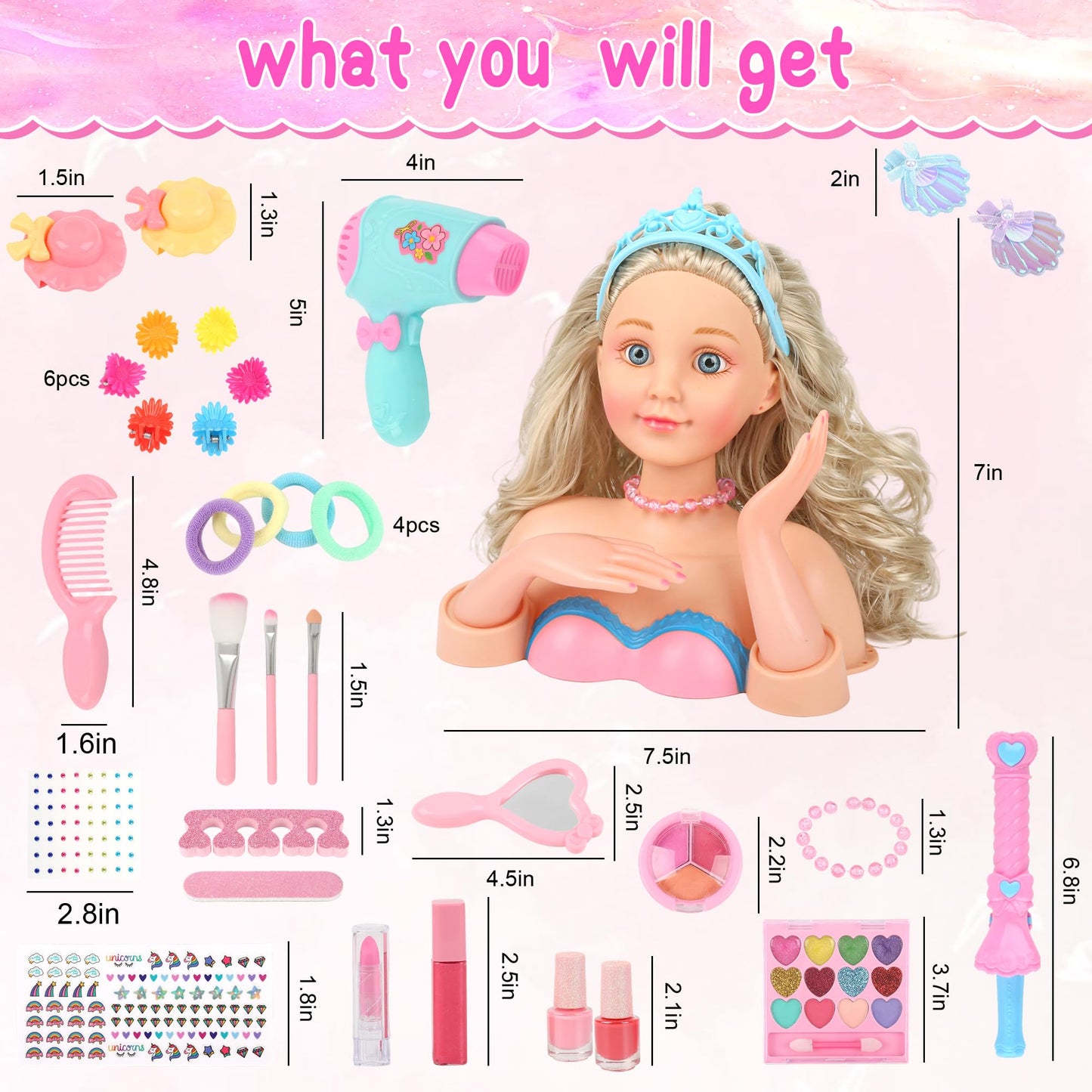 Everideals Hair Styling Doll Head Kit - Pretend Play Salon Set with Hair Tools & Accessories for Kids 3-8+