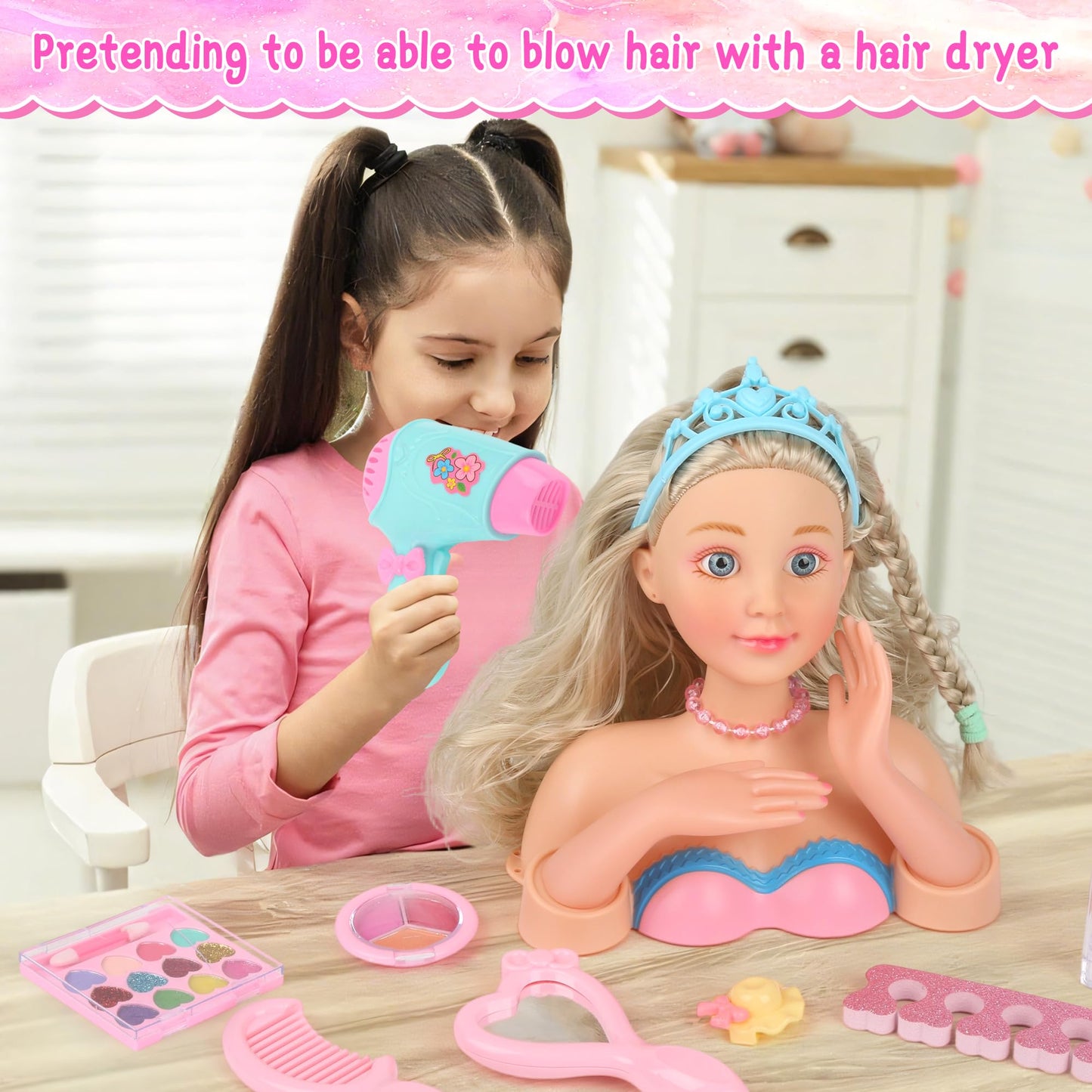 Everideals Hair Styling Doll Head Kit - Pretend Play Salon Set with Hair Tools & Accessories for Kids 3-8+