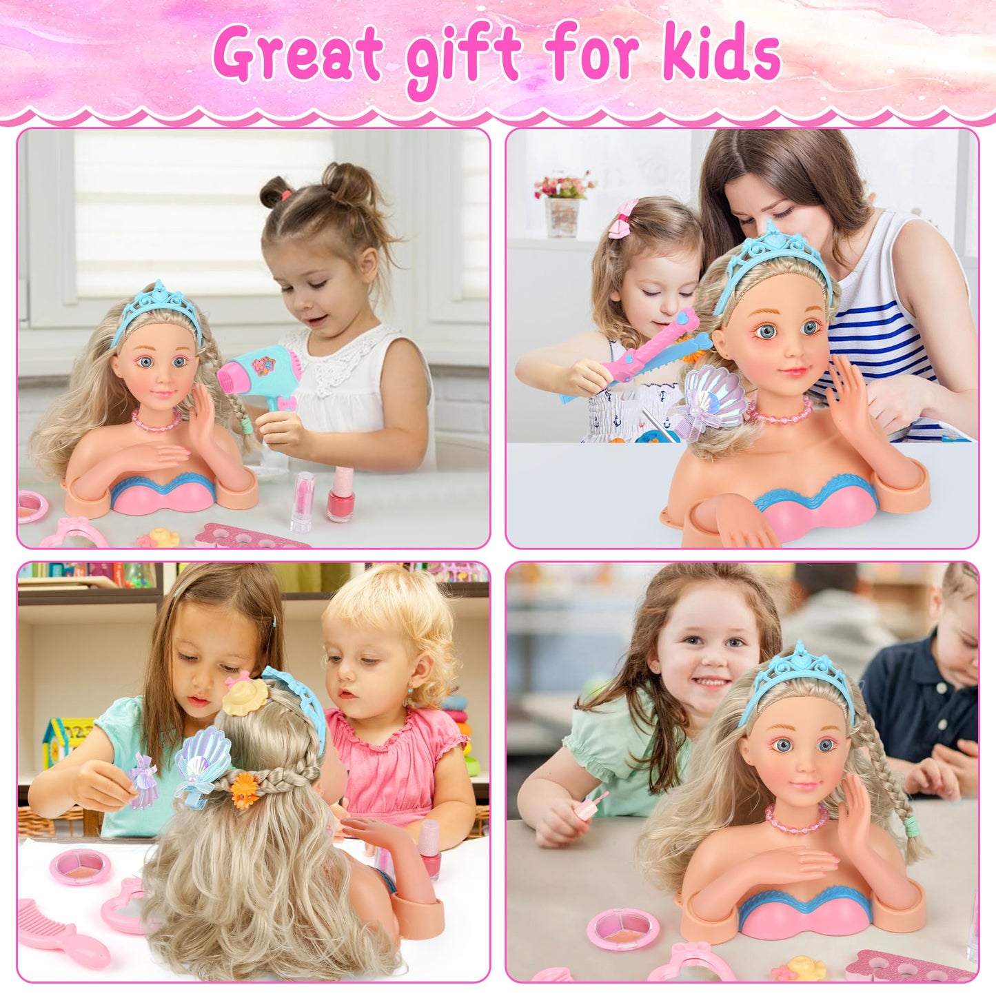 Everideals Hair Styling Doll Head Kit - Pretend Play Salon Set with Hair Tools & Accessories for Kids 3-8+
