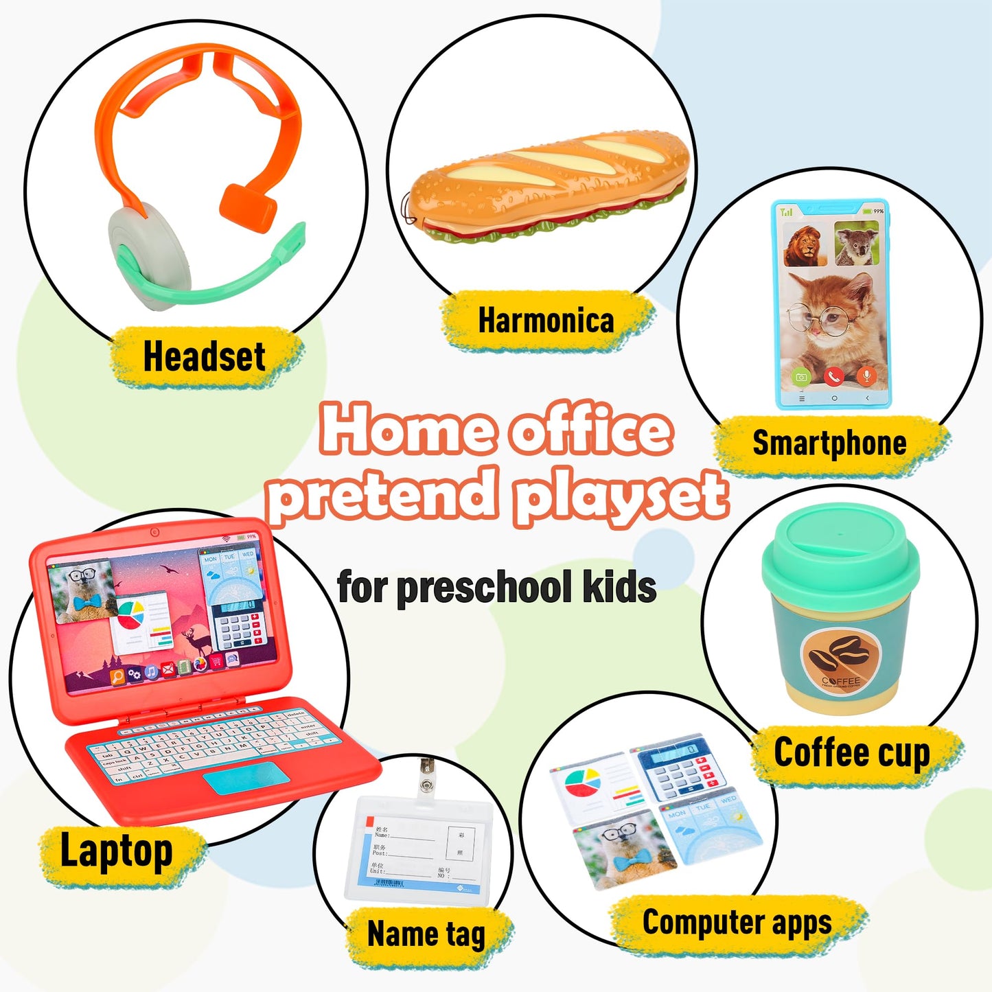 Everideals Pretend Play Home Office Set for Kids 3-7 | Laptop, Cell Phone & Harmonica
