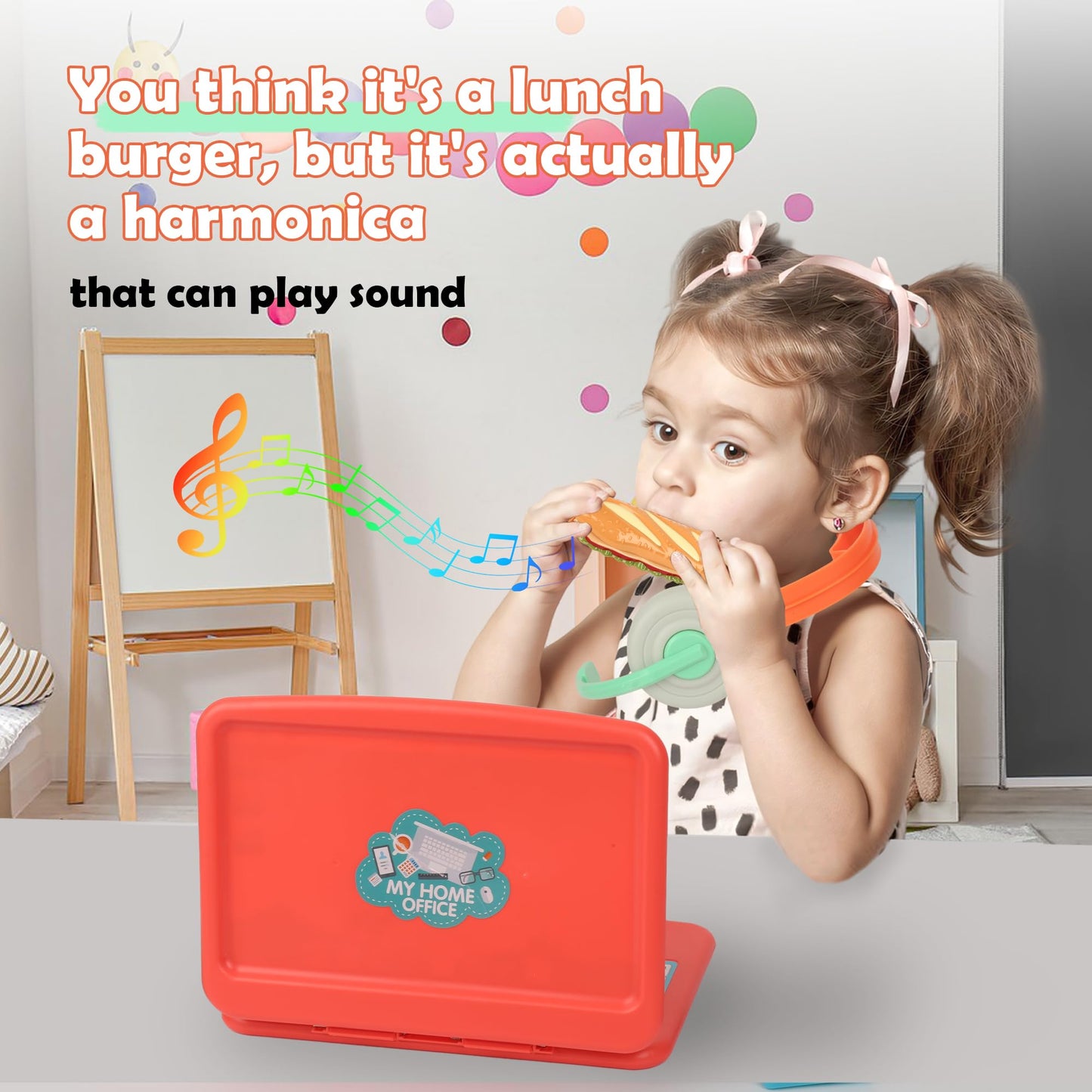 Everideals Pretend Play Home Office Set for Kids 3-7 | Laptop, Cell Phone & Harmonica