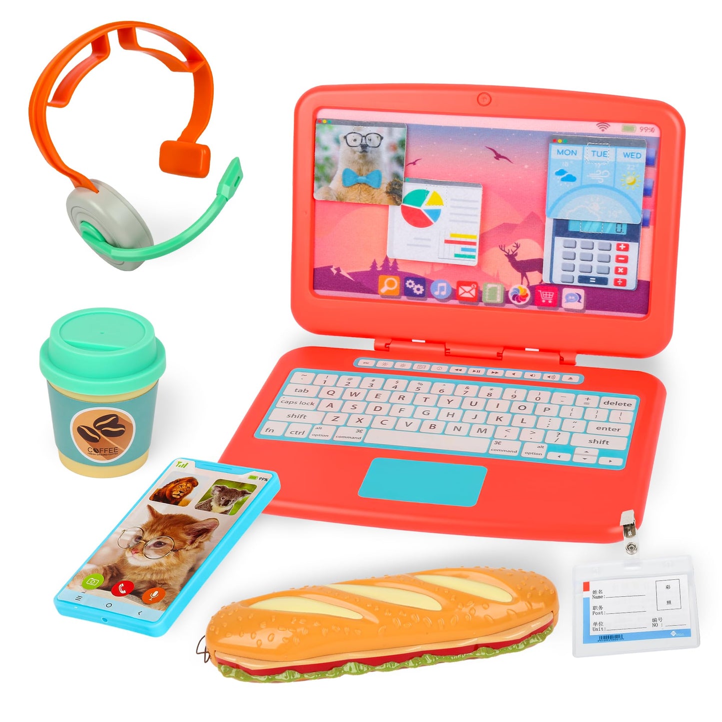 Everideals Pretend Play Home Office Set for Kids 3-7 | Laptop, Cell Phone & Harmonica