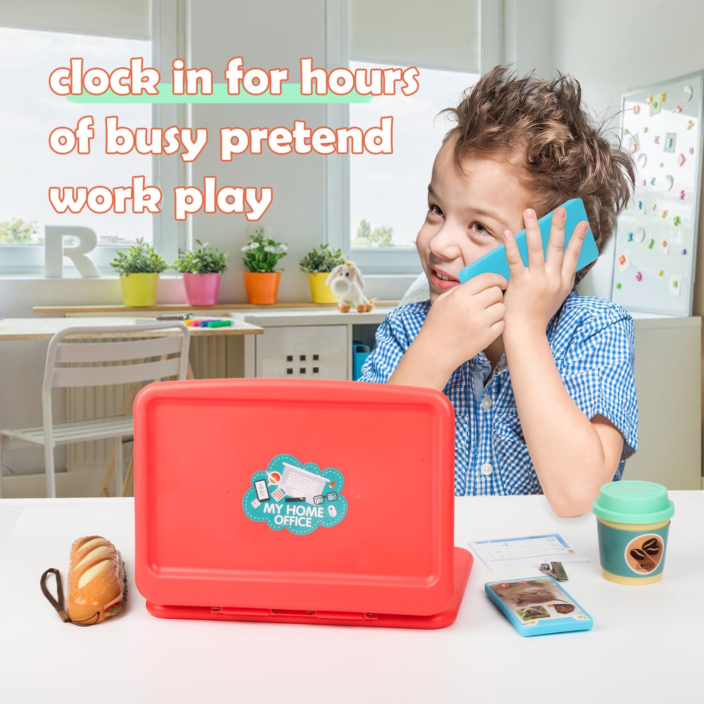 Everideals Pretend Play Home Office Set for Kids 3-7 | Laptop, Cell Phone & Harmonica