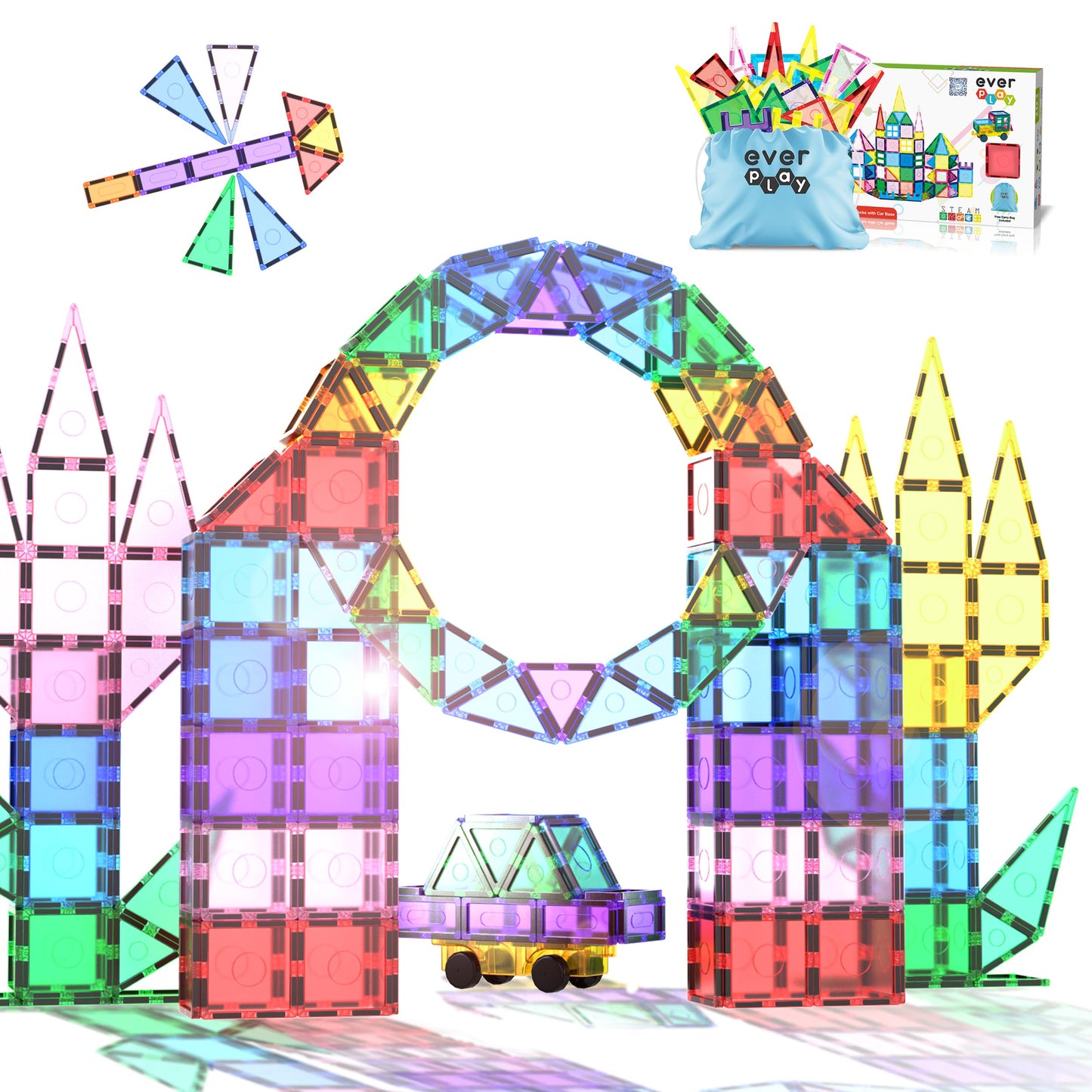 EverPlay 101pc Magnet Tile Building Blocks with Car Base – Magnetic STEM Toy for Ages 3+ | EP101