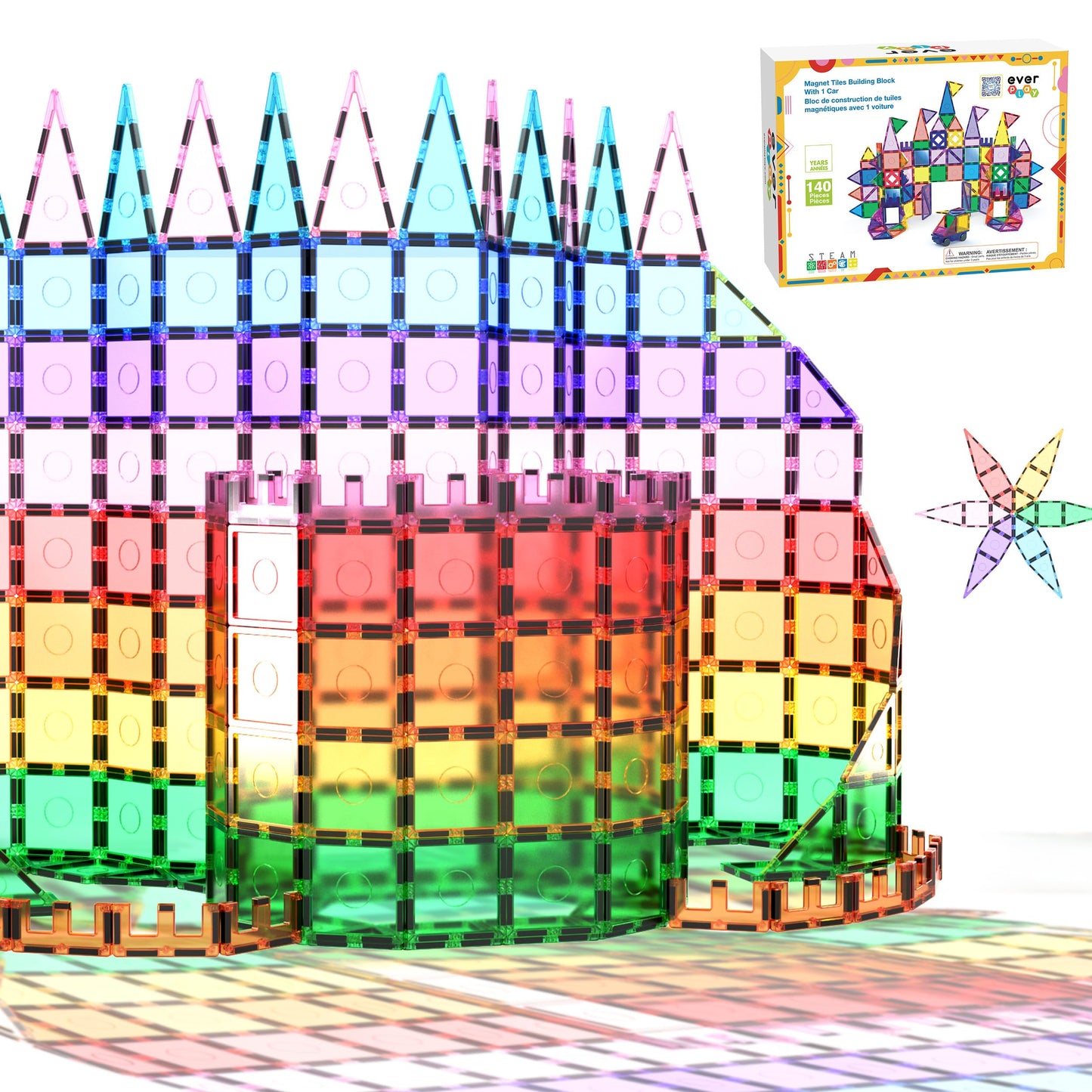 Everplay 140 pc Castle Rocket Magnetic Tiles with Car Set – STEM Building Blocks for Kids 3+