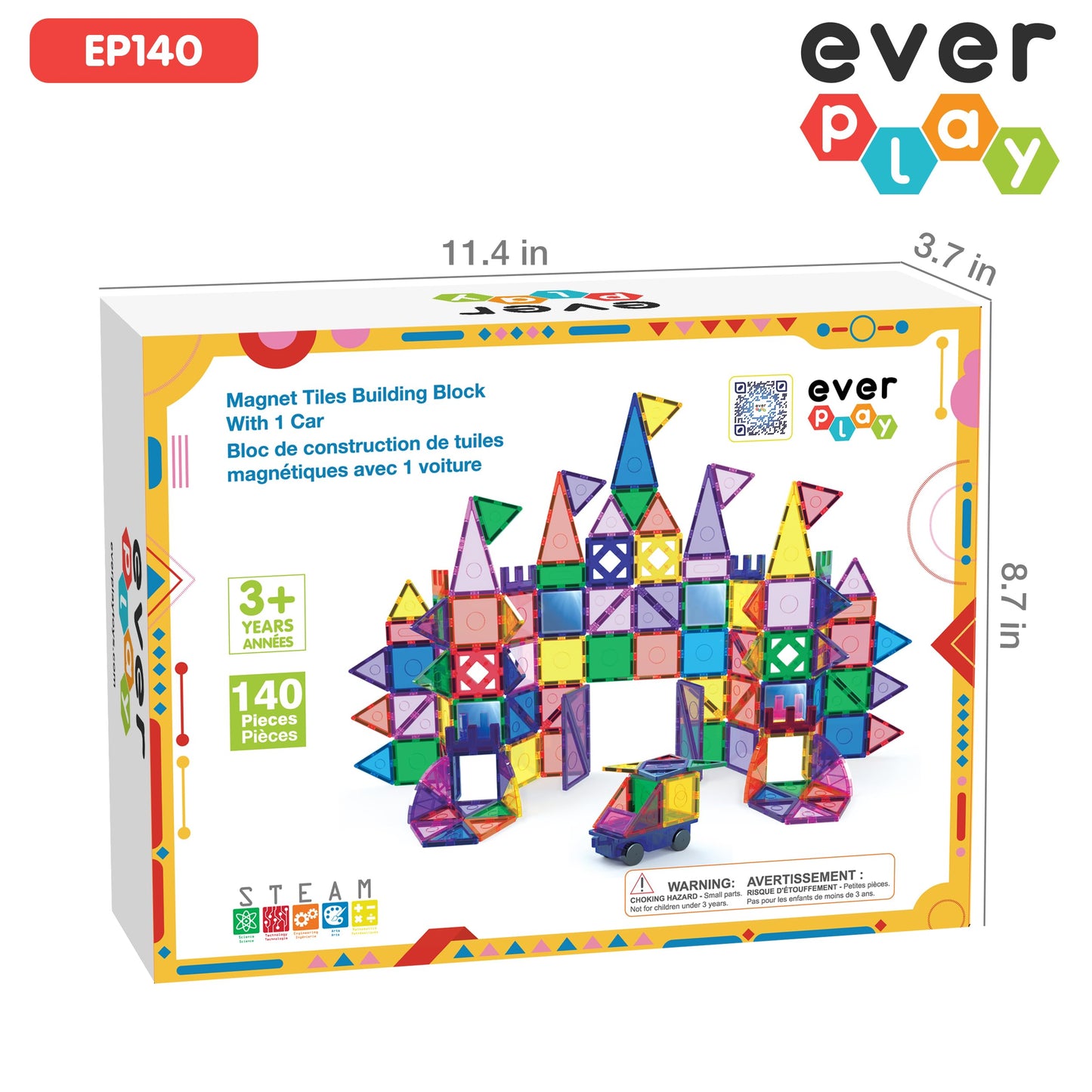 Everplay 140 pc Castle Rocket Magnetic Tiles with Car Set – STEM Building Blocks for Kids 3+