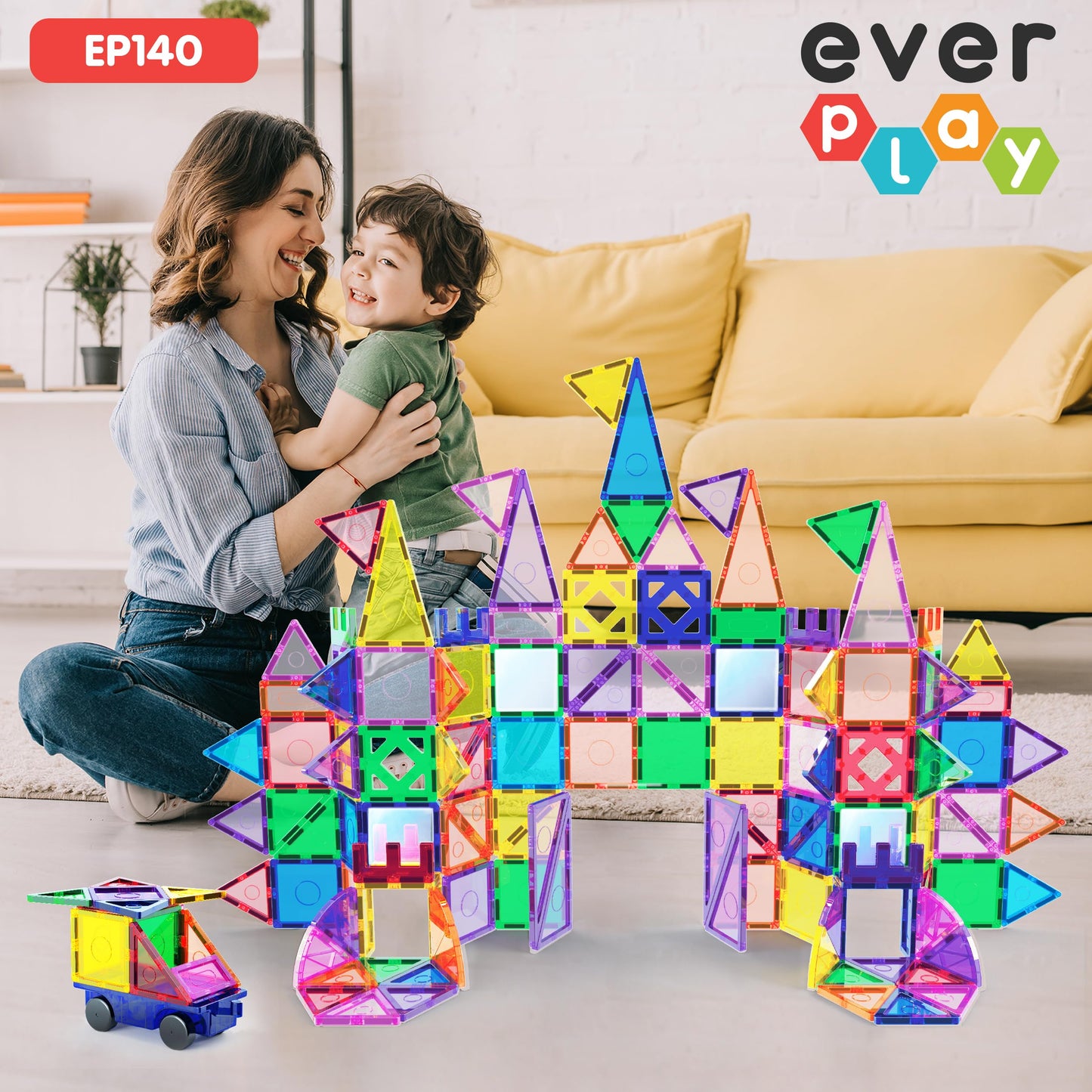 Everplay 140 pc Castle Rocket Magnetic Tiles with Car Set – STEM Building Blocks for Kids 3+