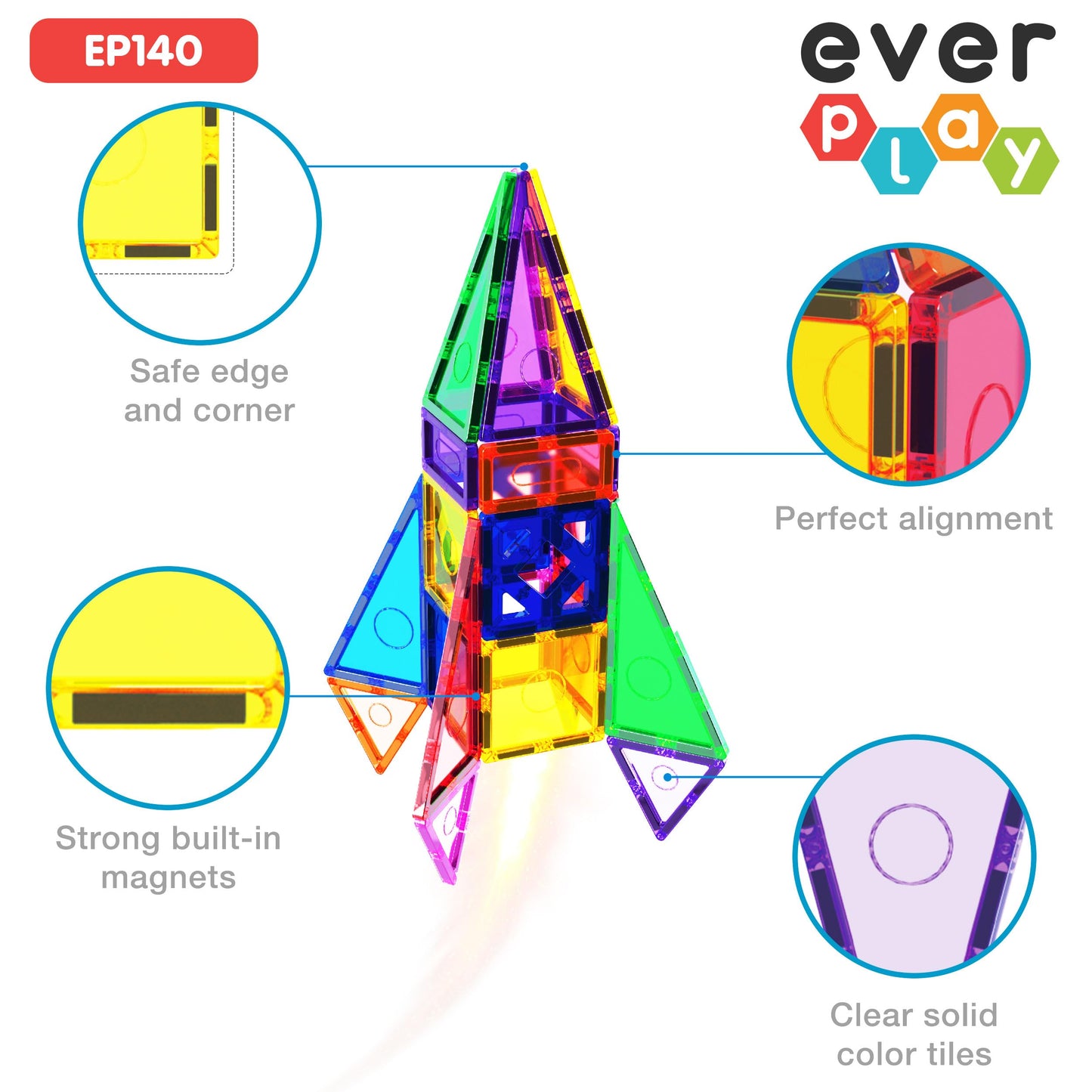 Everplay 140 pc Castle Rocket Magnetic Tiles with Car Set – STEM Building Blocks for Kids 3+