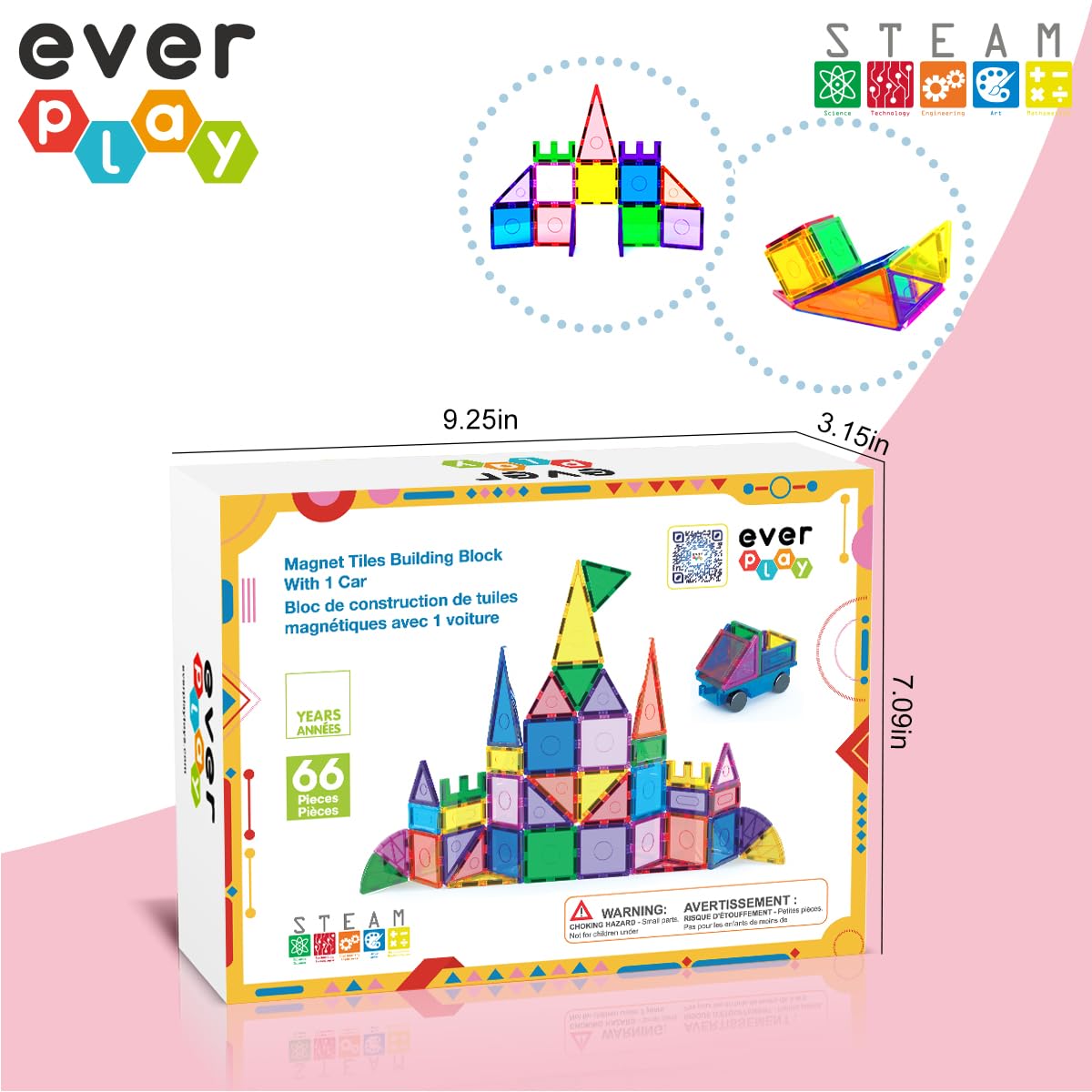 Everplay 66-Piece Magnetic Tiles with Multicolored Car Set – STEM Building Toys for Ages 3+