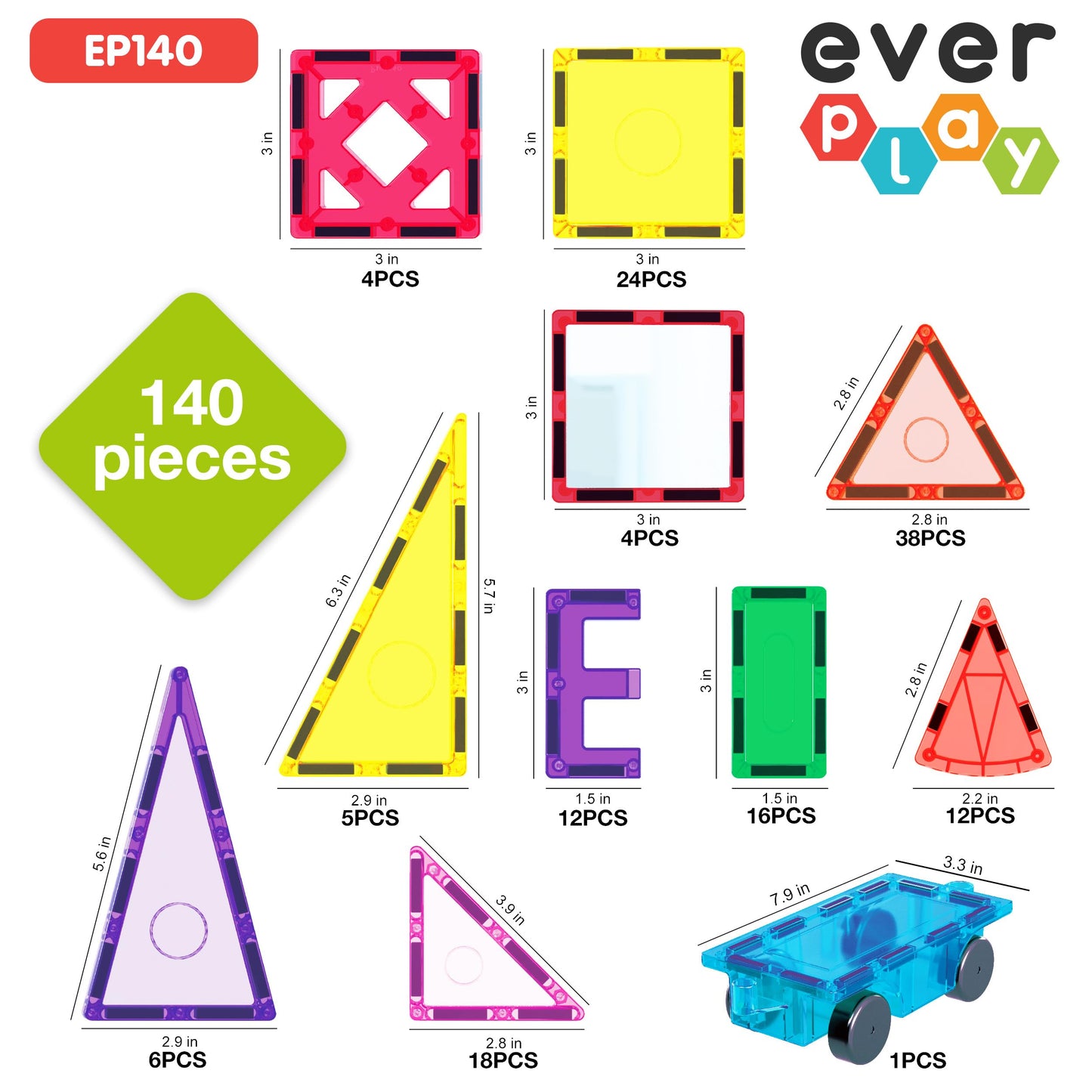 Everplay 140 pc Castle Rocket Magnetic Tiles with Car Set – STEM Building Blocks for Kids 3+