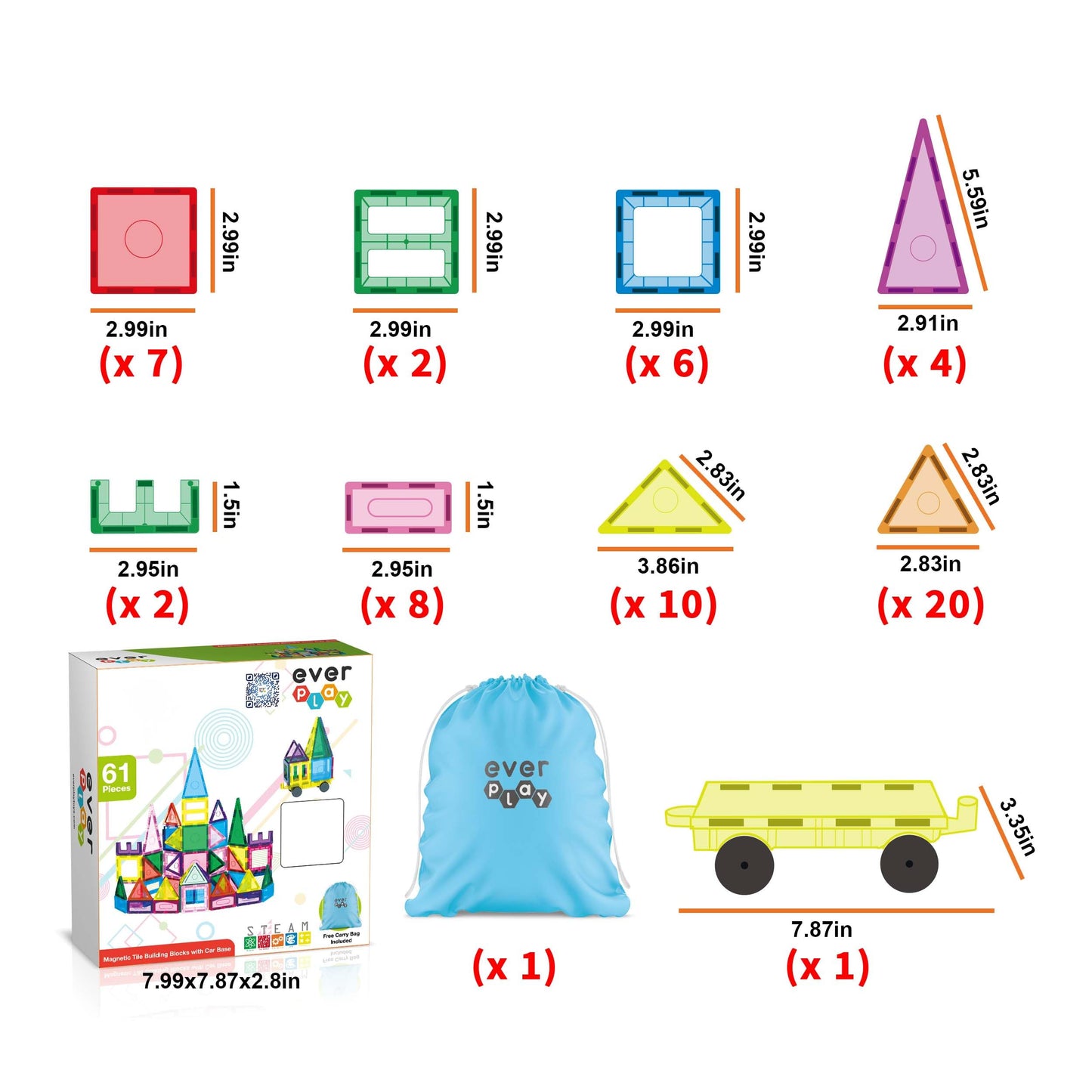 EverPlay 61pc Magnet Tile Building Blocks with Car Base – Magnetic Construction Toy for STEAM Education