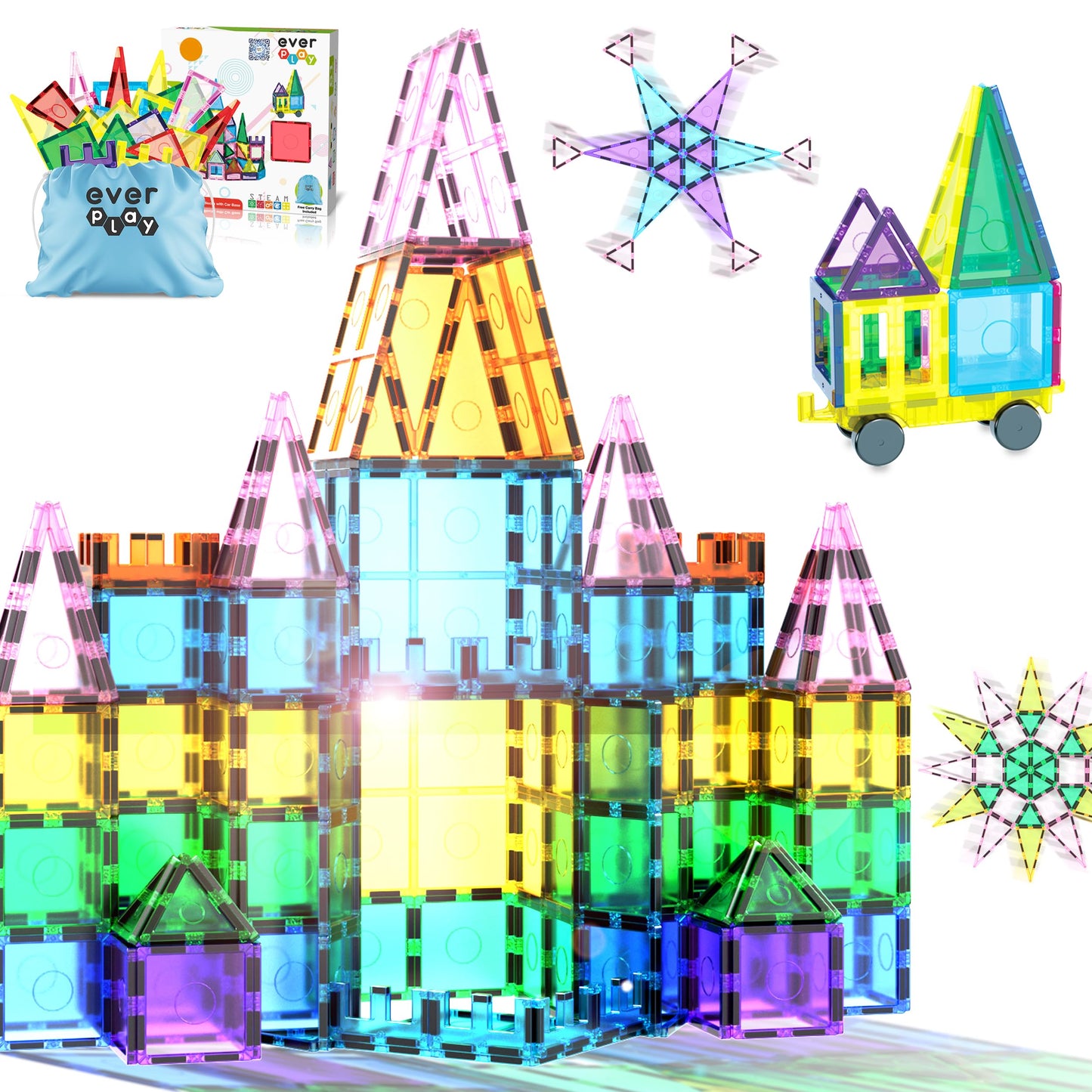 EverPlay 61pc Magnet Tile Building Blocks with Car Base – Magnetic Construction Toy for STEAM Education