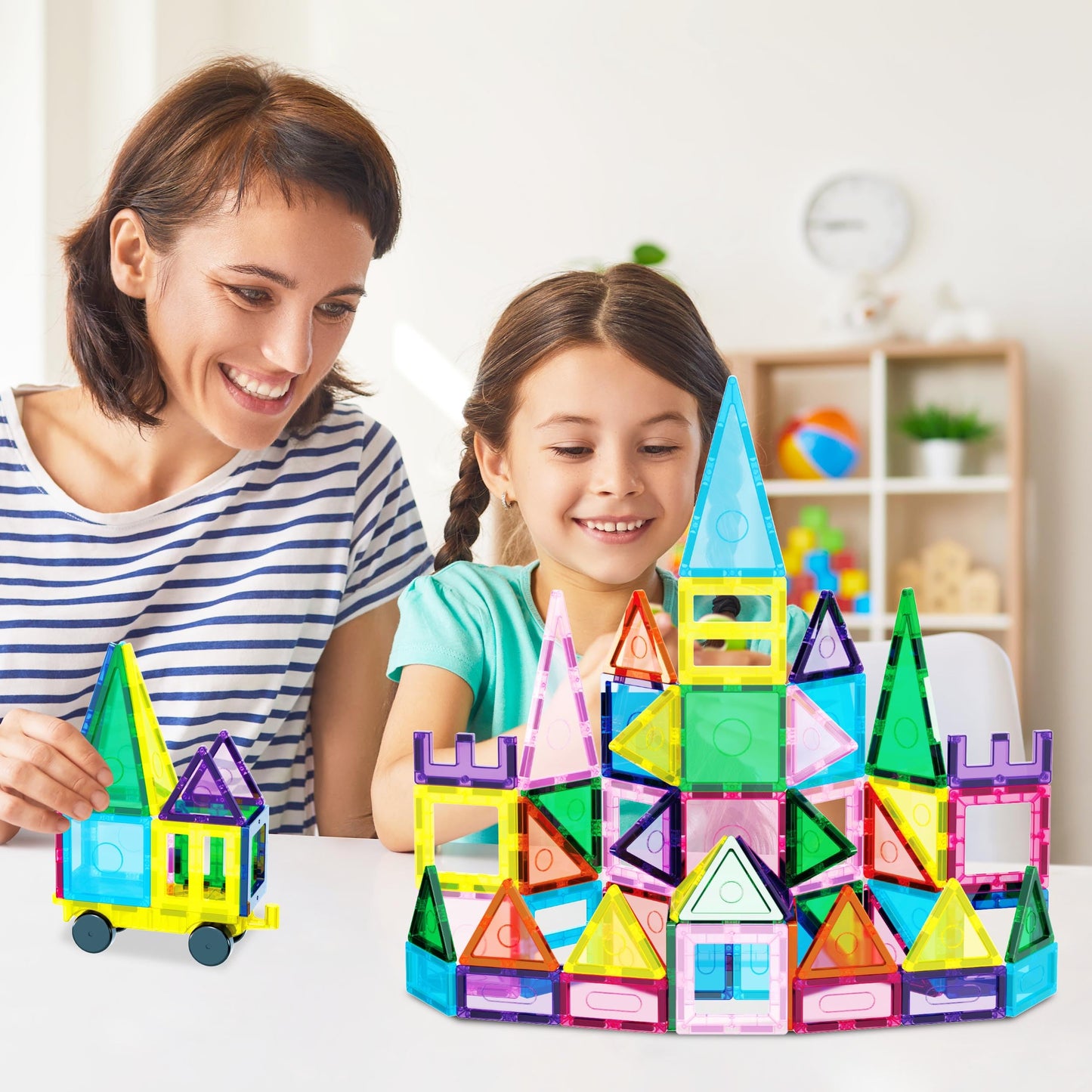 EverPlay 61pc Magnet Tile Building Blocks with Car Base – Magnetic Construction Toy for STEAM Education