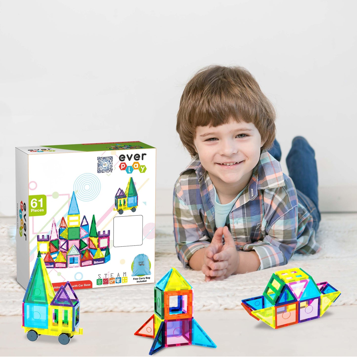 EverPlay 61pc Magnet Tile Building Blocks with Car Base – Magnetic Construction Toy for STEAM Education