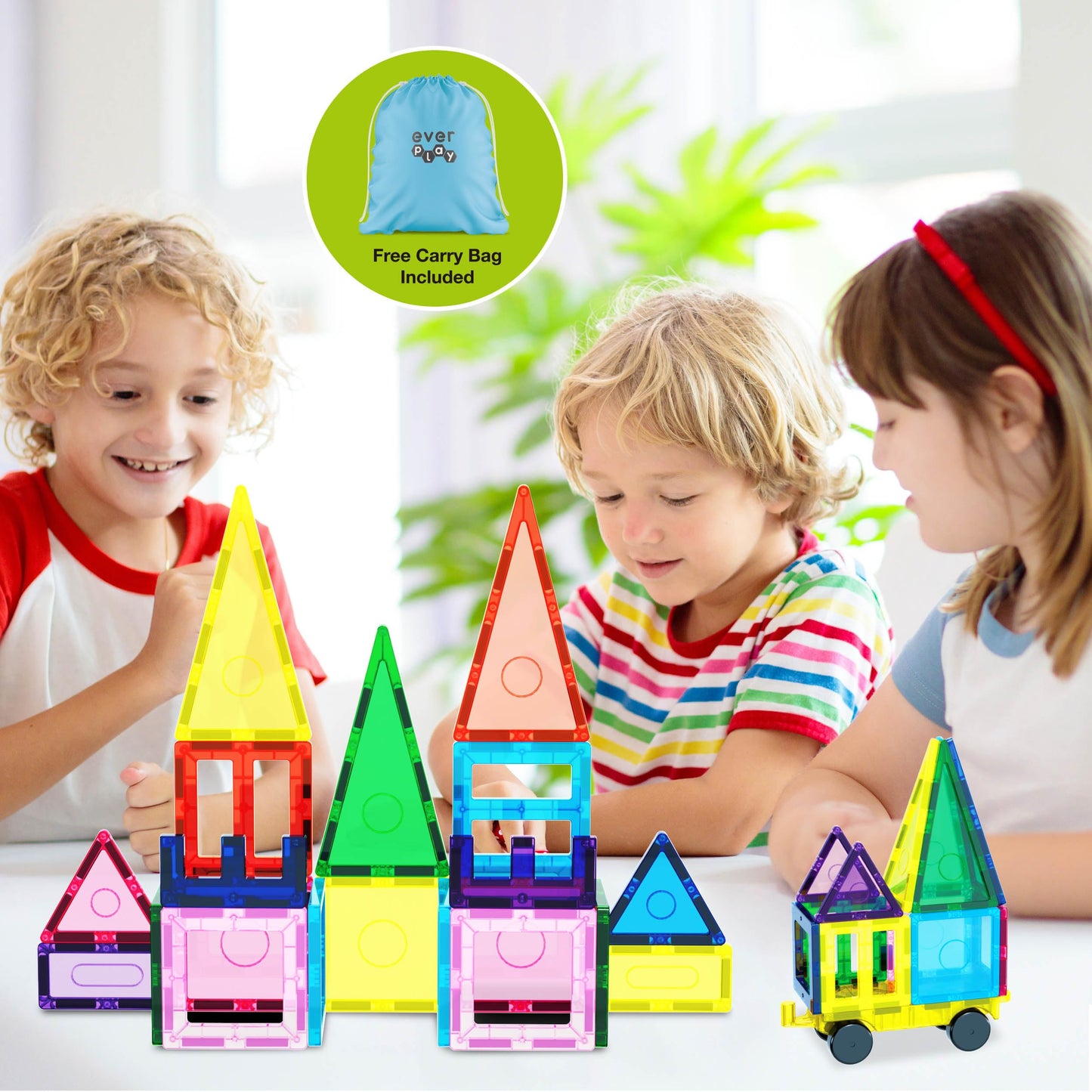 EverPlay 61pc Magnet Tile Building Blocks with Car Base – Magnetic Construction Toy for STEAM Education