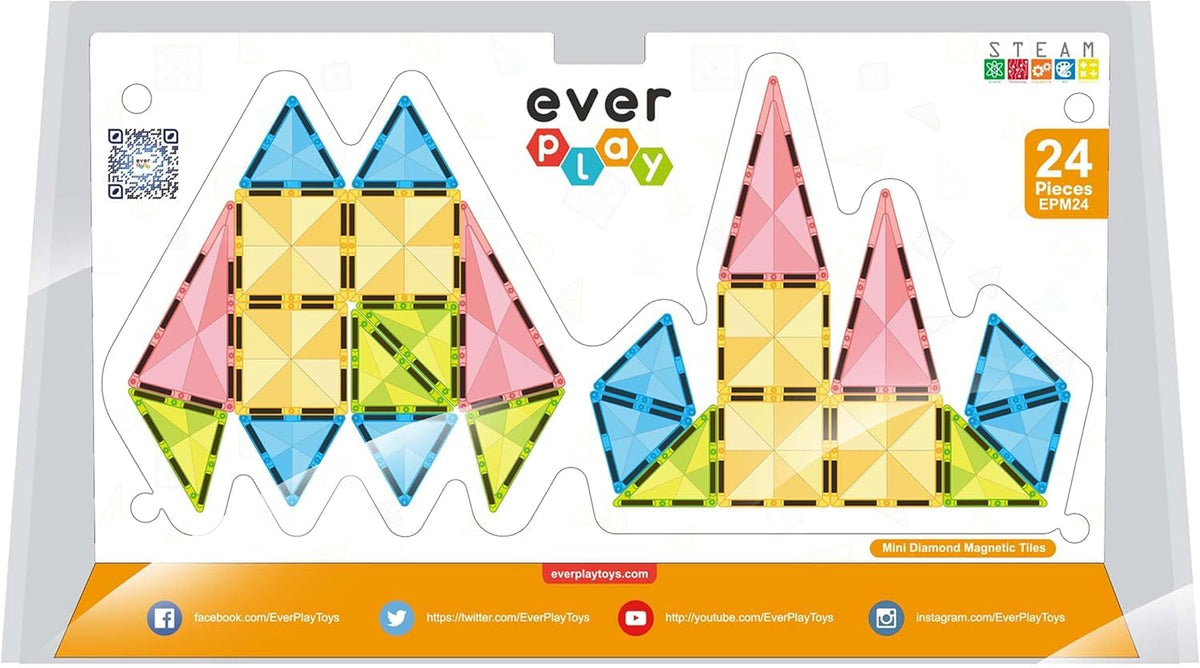 Everplay Magnetic Tile Travel Size – 24-Piece Mini Diamond Tiles Set for STEM Learning 3+