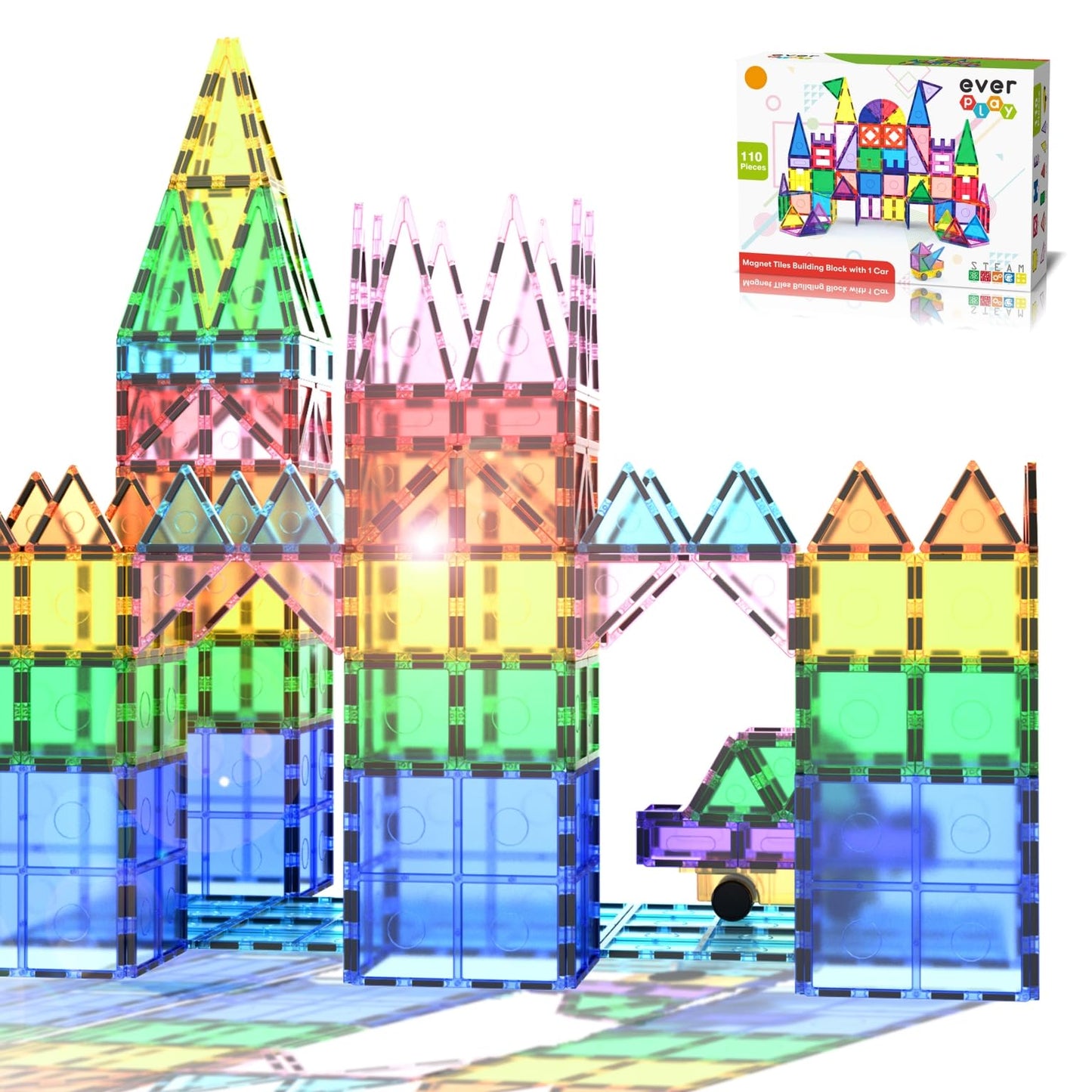Everplay 110-Piece Magnetic Tiles Set – STEM Building Blocks for Ages 3+