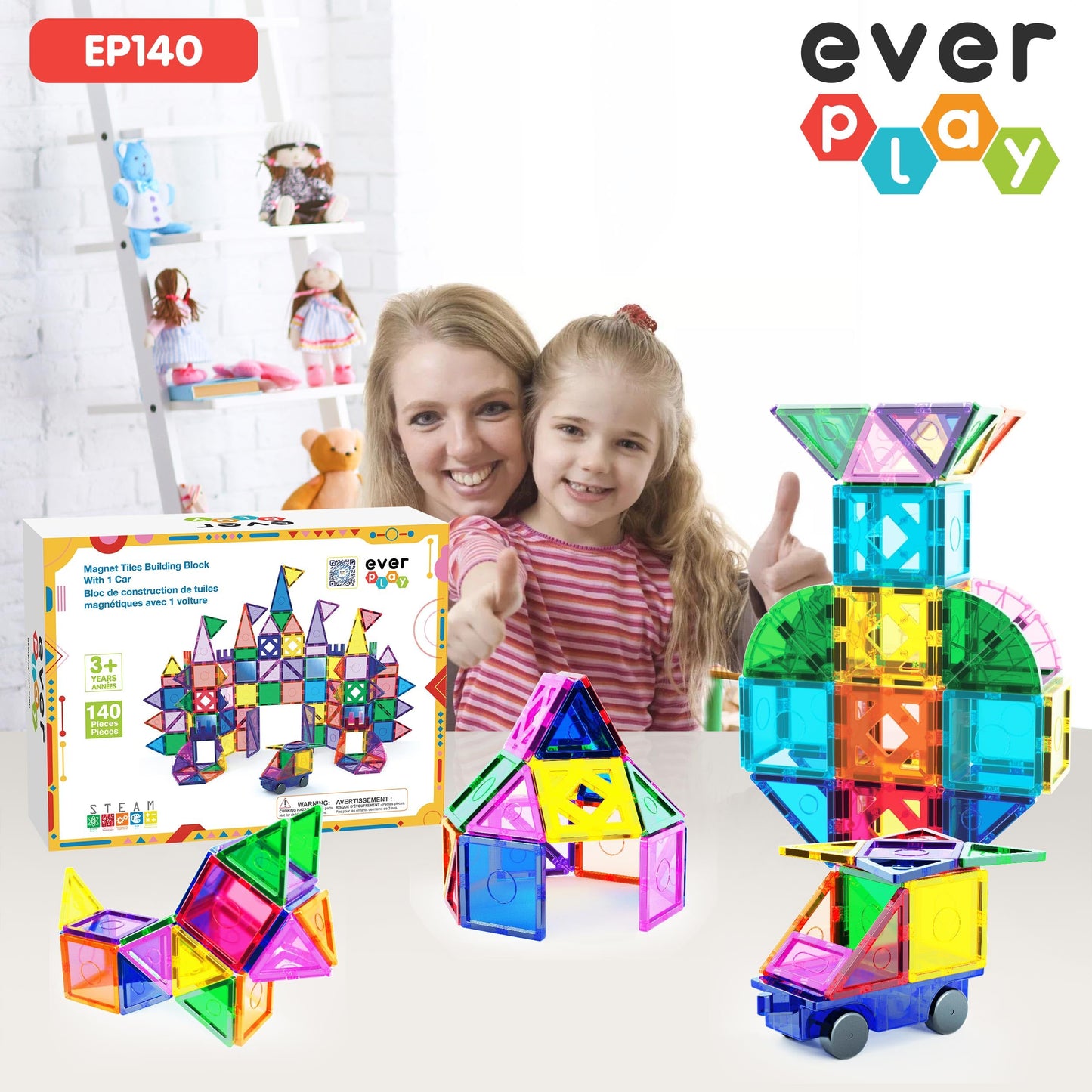 Everplay 140 pc Castle Rocket Magnetic Tiles with Car Set – STEM Building Blocks for Kids 3+