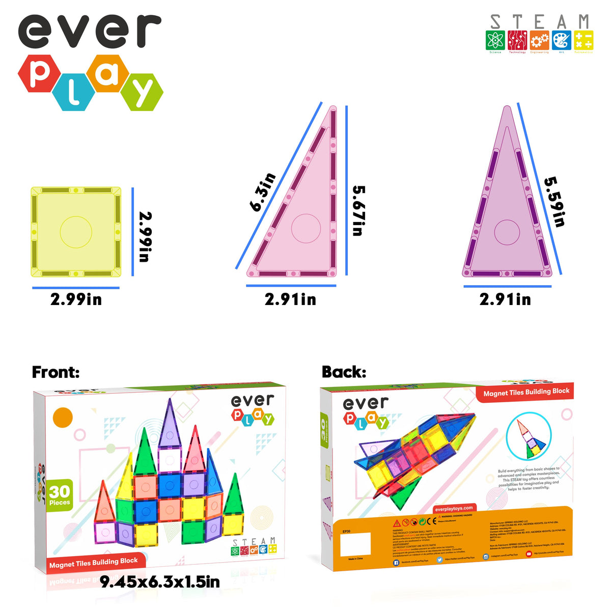 Everplay Magnetic Tile Building Block Set – STEM Toy for Kids 3+