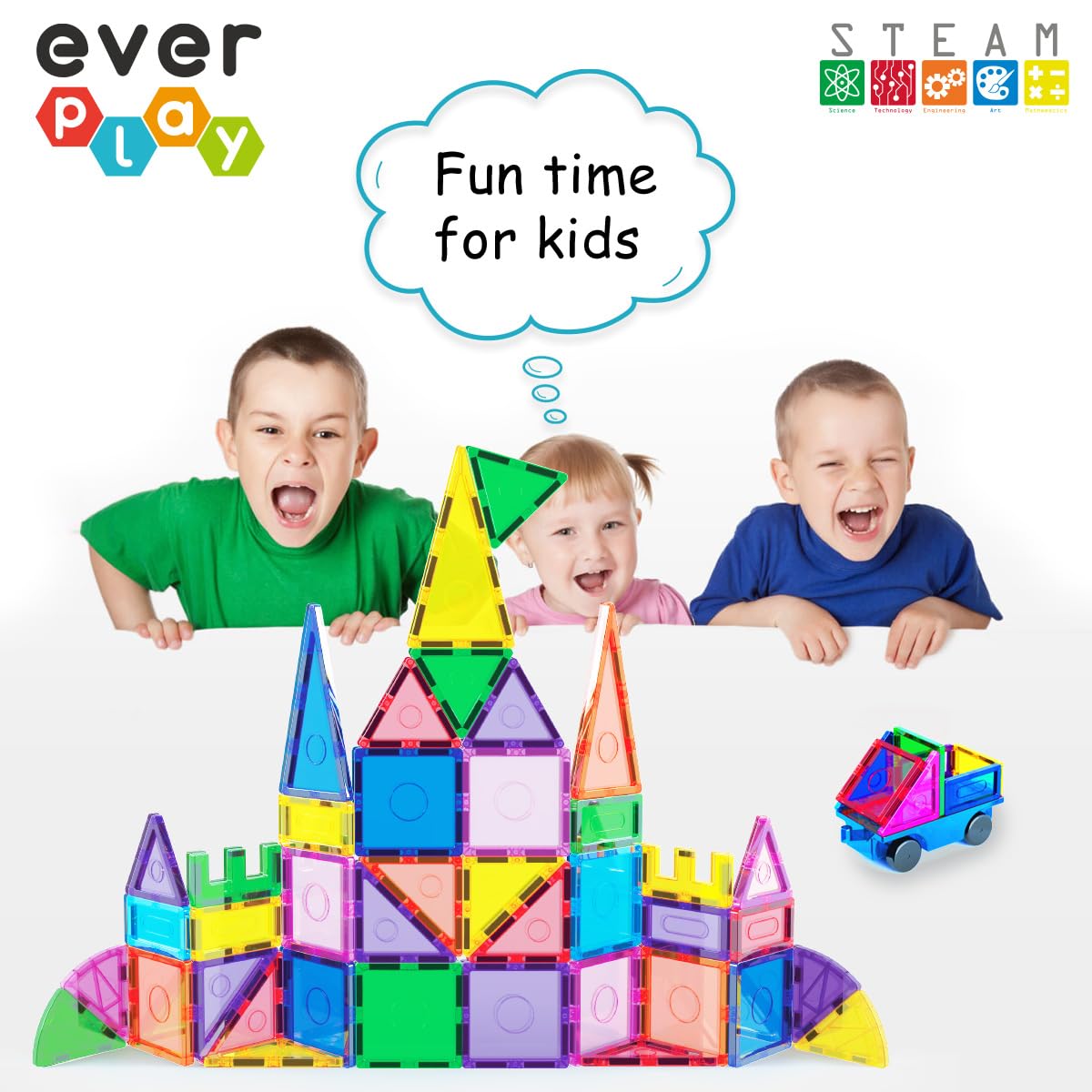 Everplay 66-Piece Magnetic Tiles with Multicolored Car Set – STEM Building Toys for Ages 3+