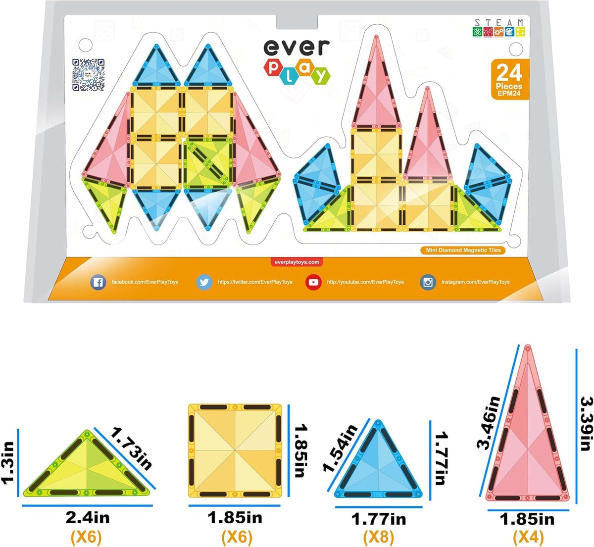 Everplay Magnetic Tile Travel Size – 24-Piece Mini Diamond Tiles Set for STEM Learning 3+