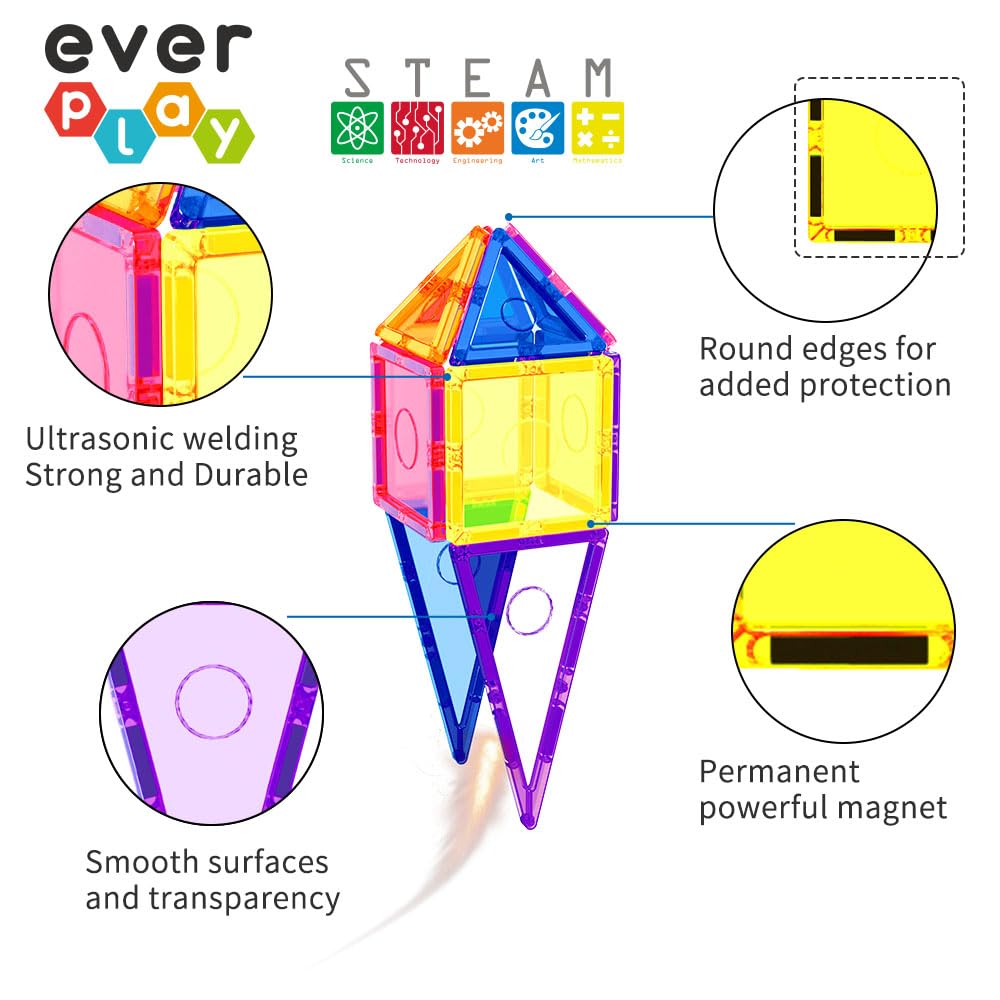 Everplay 66-Piece Magnetic Tiles with Multicolored Car Set – STEM Building Toys for Ages 3+