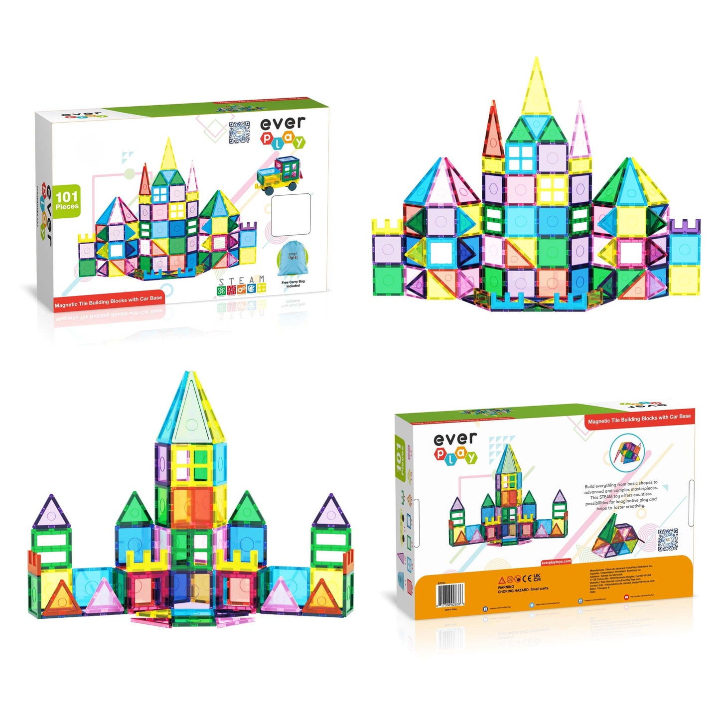EverPlay 101pc Magnet Tile Building Blocks with Car Base – Magnetic STEM Toy for Ages 3+ | EP101