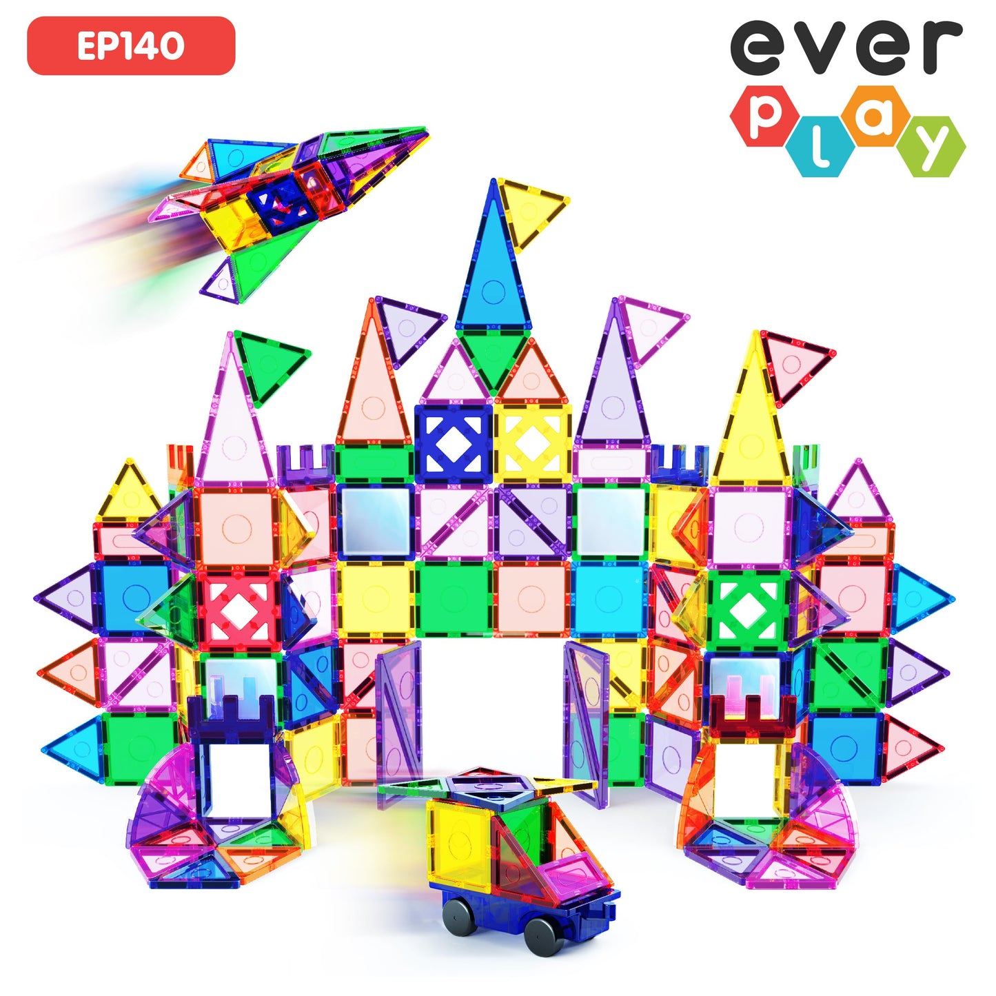 Everplay 140 pc Castle Rocket Magnetic Tiles with Car Set – STEM Building Blocks for Kids 3+