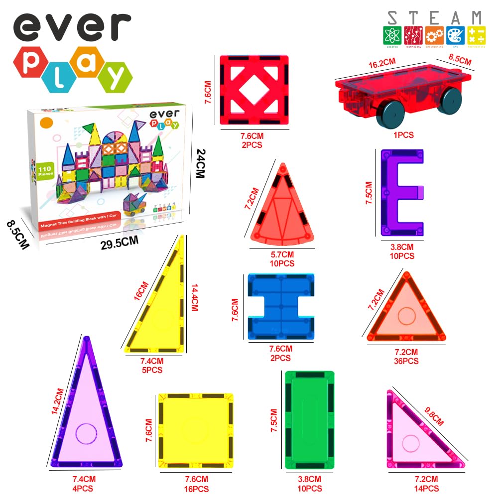 Everplay 110-Piece Magnetic Tiles Set – STEM Building Blocks for Ages 3+