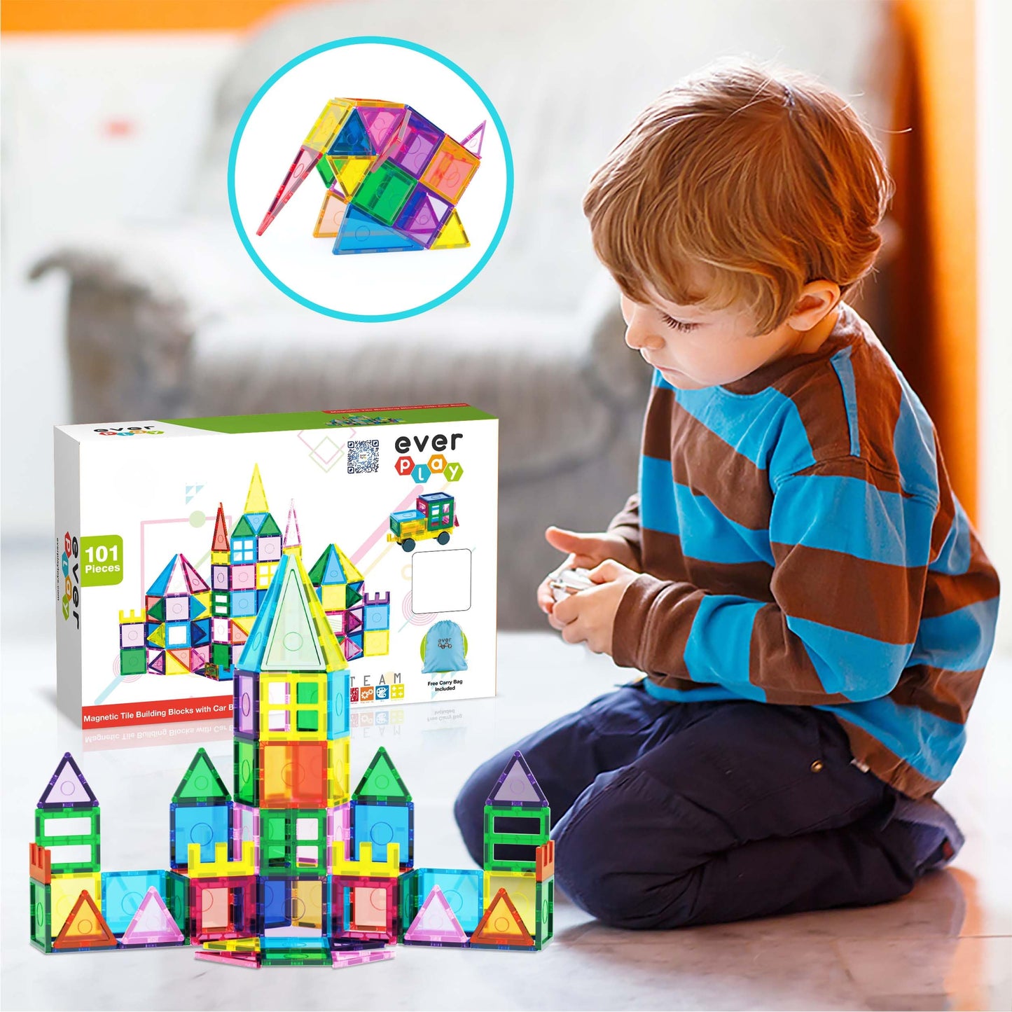 EverPlay 101pc Magnet Tile Building Blocks with Car Base – Magnetic STEM Toy for Ages 3+ | EP101