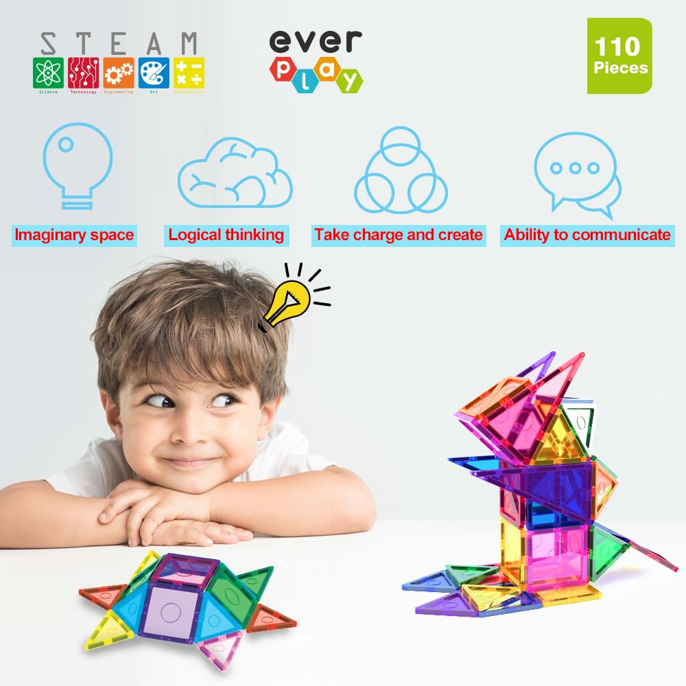 Everplay 110-Piece Magnetic Tiles Set – STEM Building Blocks for Ages 3+