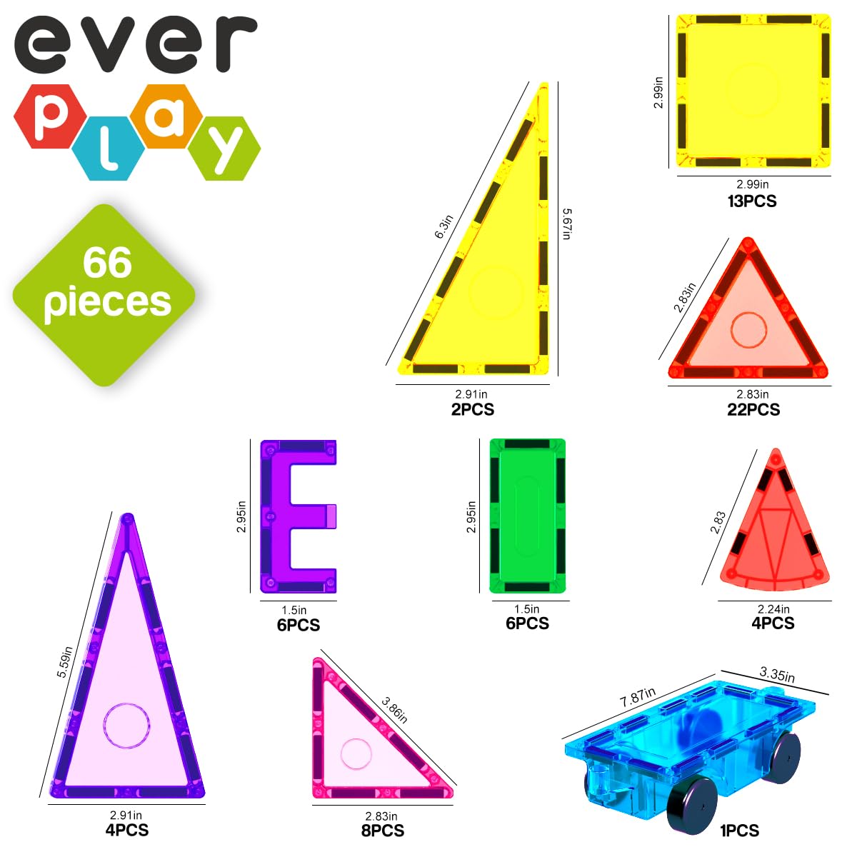 Everplay 66-Piece Magnetic Tiles with Multicolored Car Set – STEM Building Toys for Ages 3+