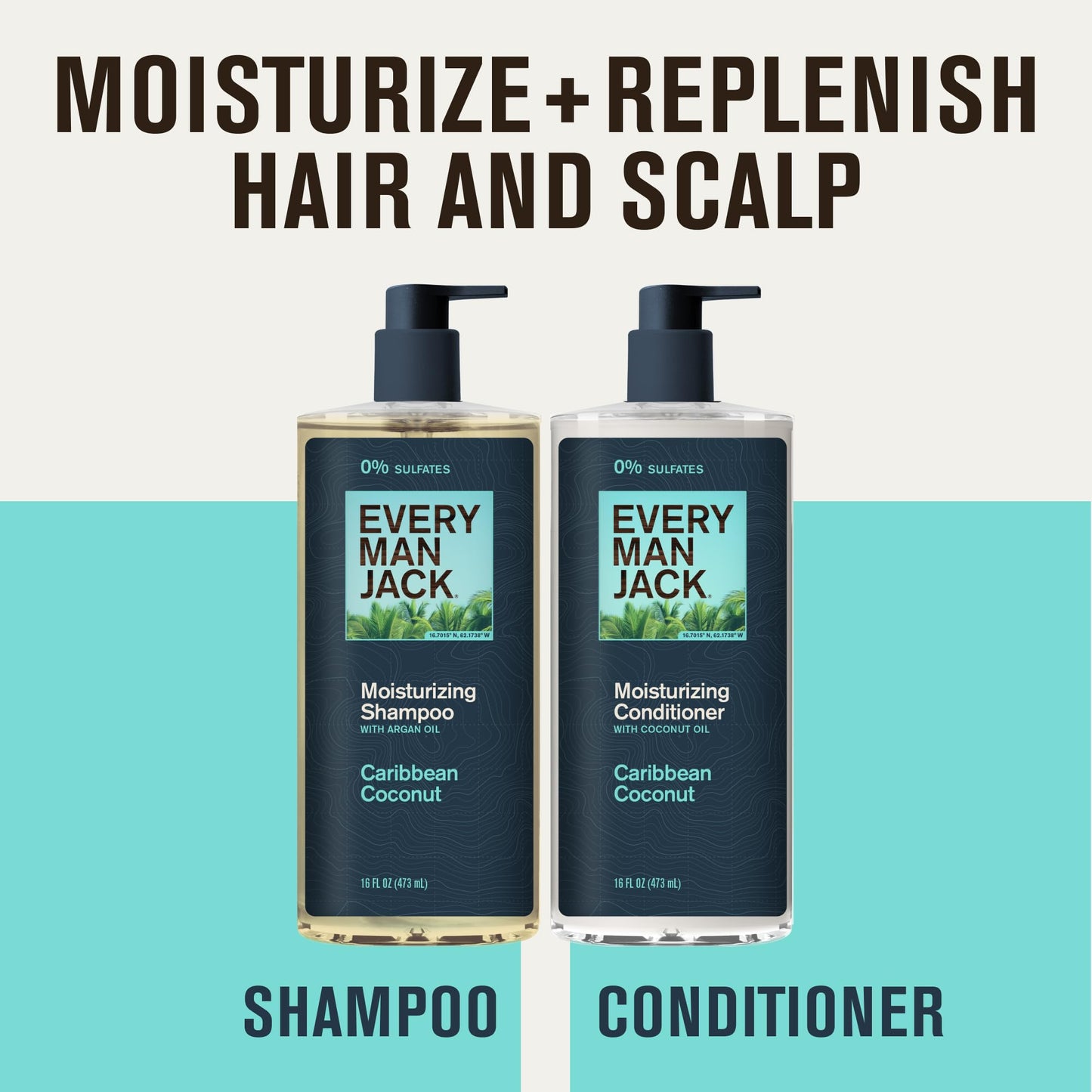 Every Man Jack Caribbean Coconut Shampoo & Conditioner Set – 16 fl oz (2 Pack) – Plant-Powered Moisturizers