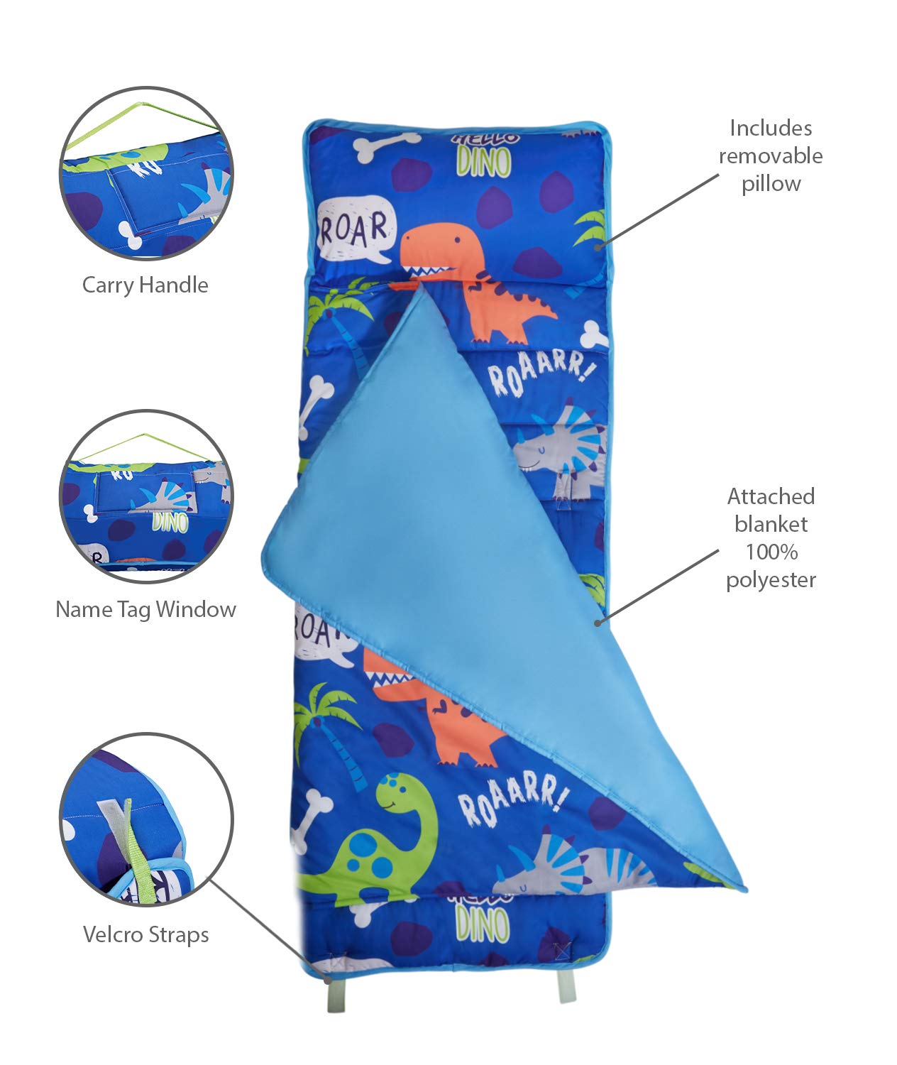 EVERYDAY KIDS Nap Mat with Removable Pillow – Roarin' Dinos for Preschool Ages 3-6