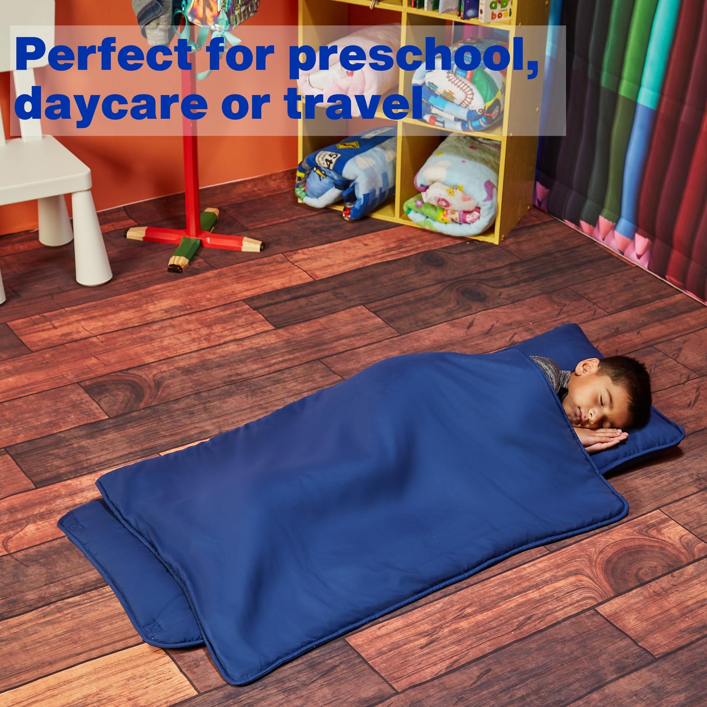EVERYDAY KIDS Nap Mat with Removable Pillow - Navy | Rollup Sleep Mat for Preschool (Ages 3-6)