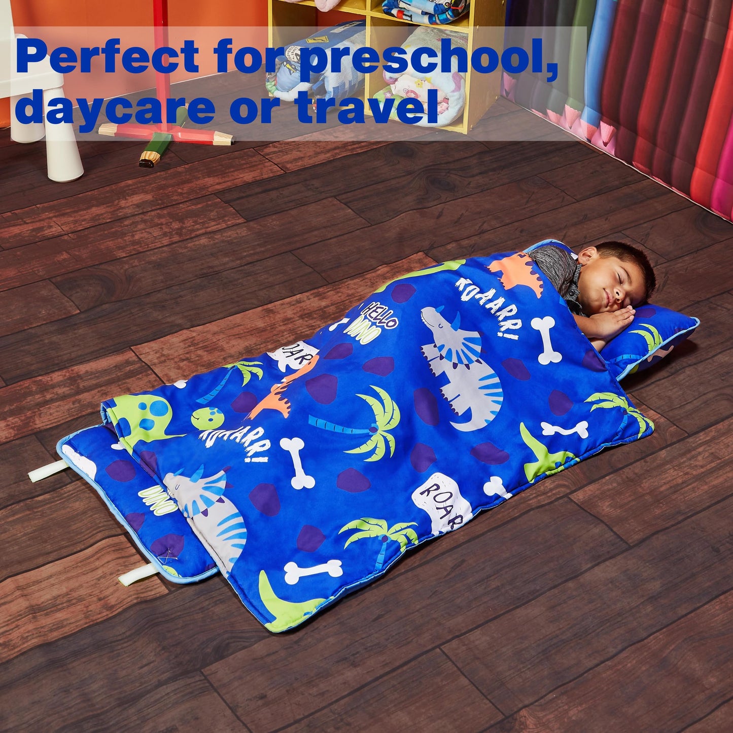 EVERYDAY KIDS Nap Mat with Removable Pillow – Roarin' Dinos for Preschool Ages 3-6