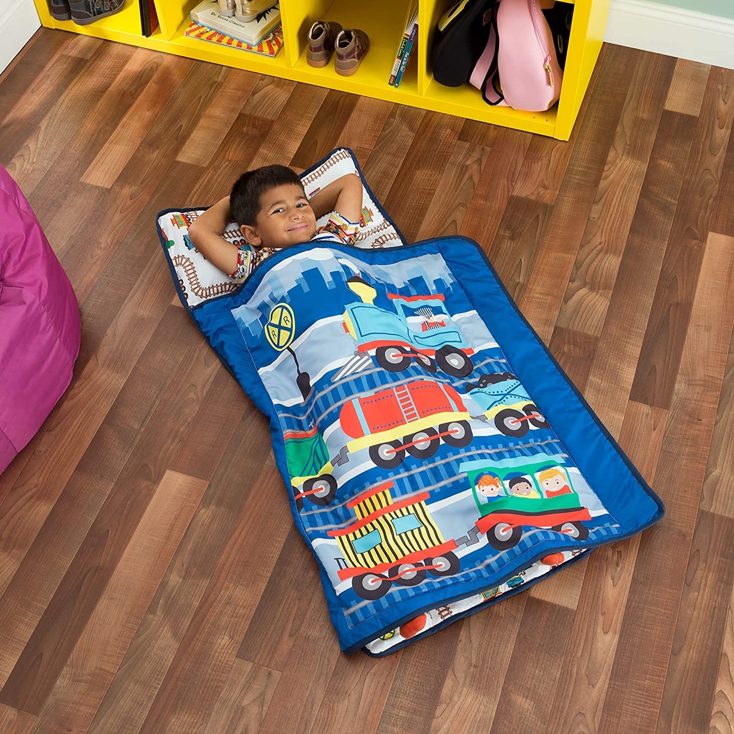 EVERYDAY KIDS Toddler Nap Mat with Removable Pillow - Choo Choo Train | Rollup Design & Carry Handle