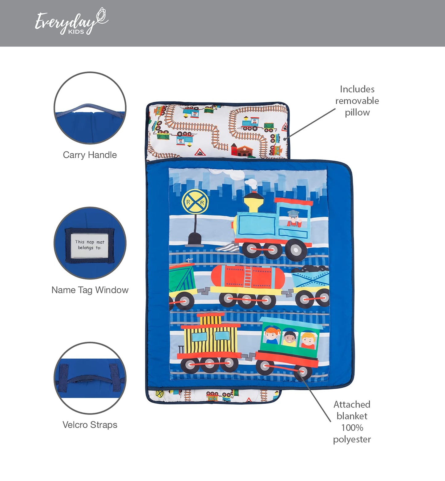 EVERYDAY KIDS Toddler Nap Mat with Removable Pillow - Choo Choo Train | Rollup Design & Carry Handle